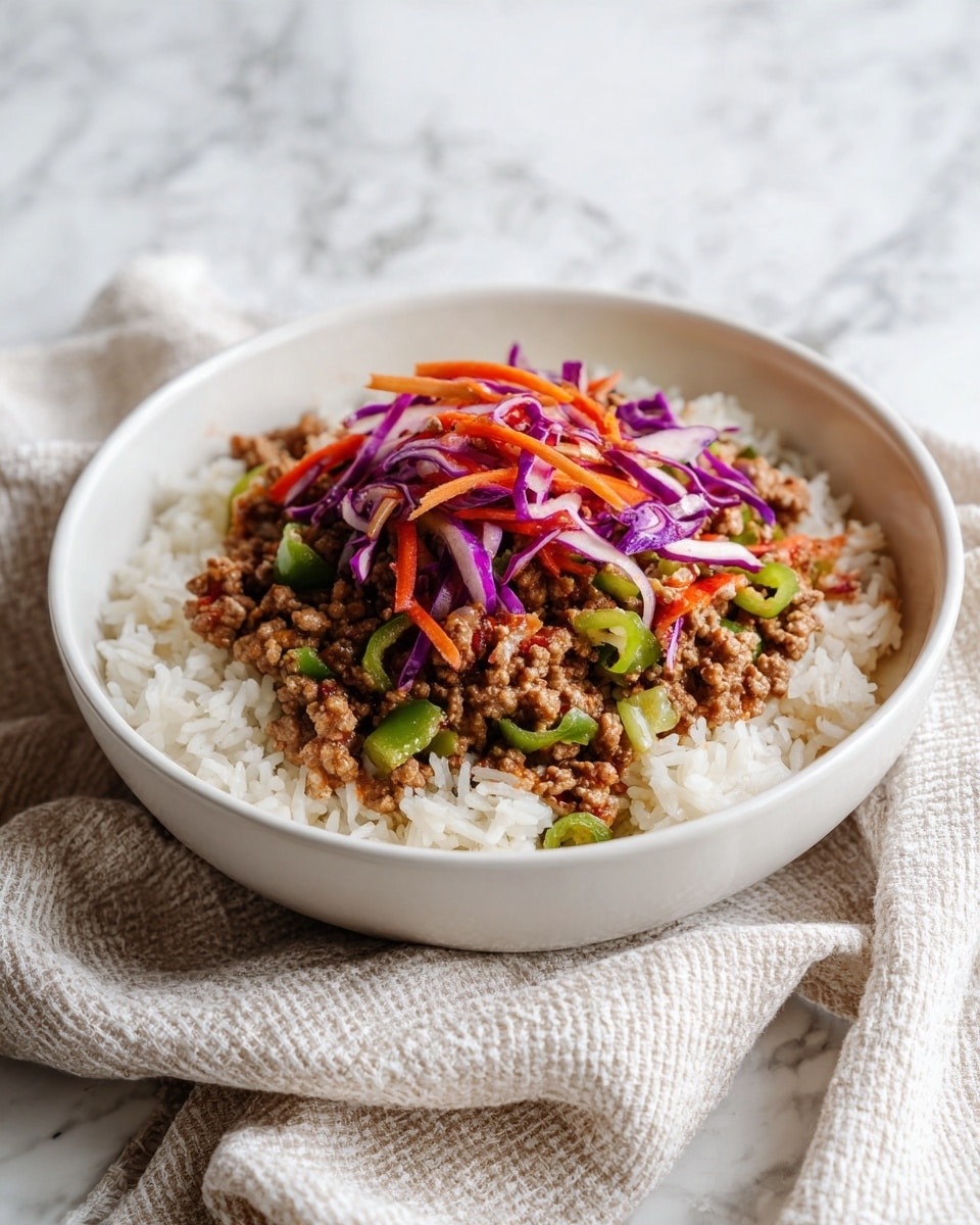 A white bowl holds a layered dish starting with a base of white rice, topped with brown cooked ground meat mixed with green bell pepper slices. On top of the meat are thin strips of bright orange carrot and small pieces of shredded purple cabbage, adding a pop of color. The bowl sits on a soft, beige waffle-textured cloth on a white marbled surface, with two silver chopsticks resting nearby. Photo taken with an iphone --ar 4:5 --v 7