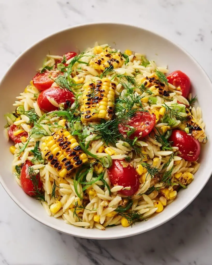 Charred Corn Orzo Salad with Scallion Dill Dressing Recipe