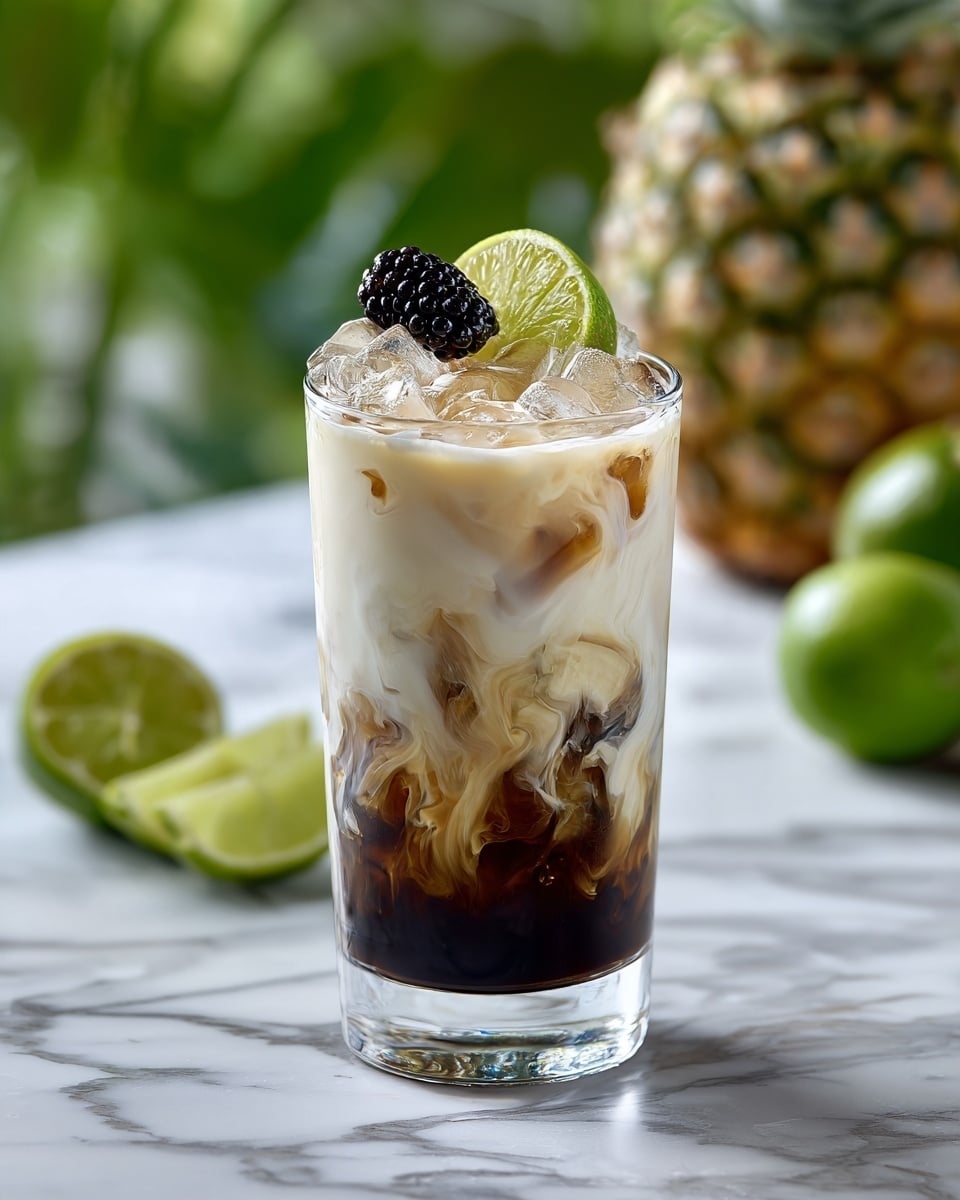 A tall clear glass holds a dark brown drink with swirls of creamy white mixing through the middle. The top half of the drink is filled with crushed ice, making the surface look uneven and sparkling. On the rim of the glass, a green lime slice is placed to the left side, with a black blackberry sitting in front of it. The drink sits on a white marbled surface, with blurred pineapples and a lime wedge in the background giving a warm glow. photo taken with an iphone --ar 4:5 --v 7