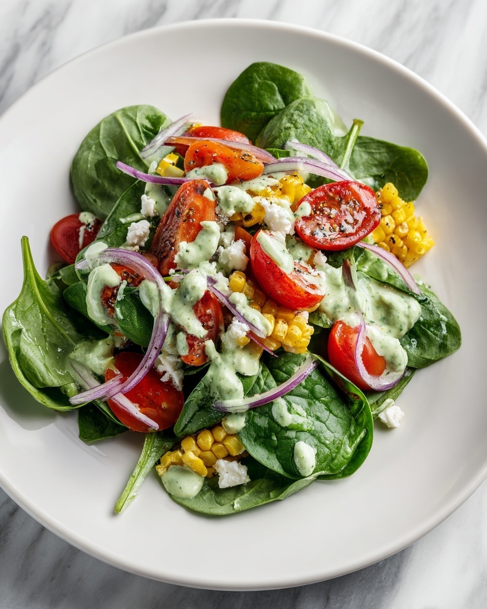 Corn, Tomato, and Spinach Salad with Creamy Pesto Dressing Recipe