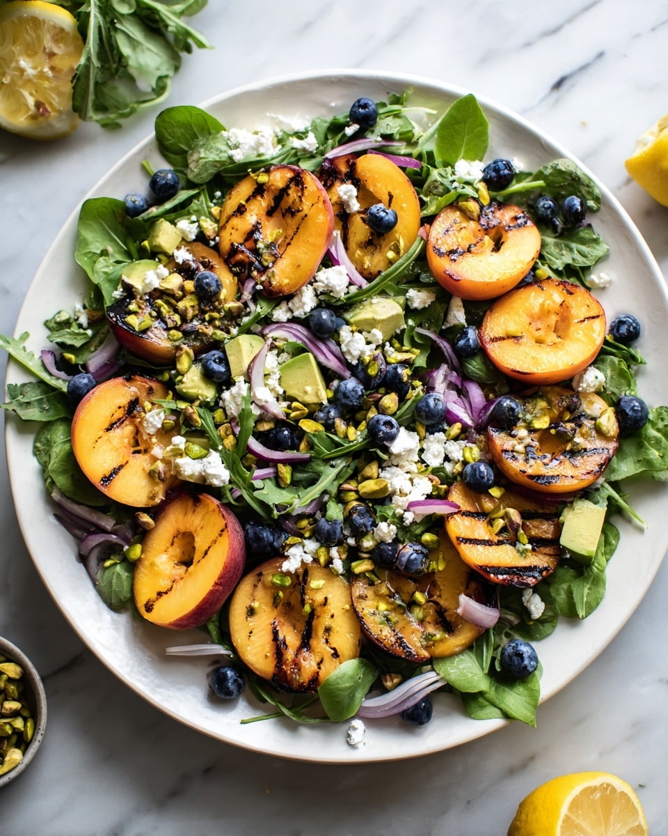 A white plate filled with a colorful salad sits on a white marbled surface. The salad has three main layers: a base of fresh, dark green leafy spinach and arugula, scattered with chunks of light green avocado pieces; on top, bright orange grilled peach slices and thin, curved slices of purple-red onion are spread evenly. Blueberries add pops of deep blue throughout, while white crumbled feta cheese pieces are sprinkled all over. The salad is finished with a light sprinkle of tan pine nuts and green pistachio bits. Around the plate, there are some blueberries, pistachios, and lemon halves adding to the fresh look. photo taken with an iphone --ar 4:5 --v 7