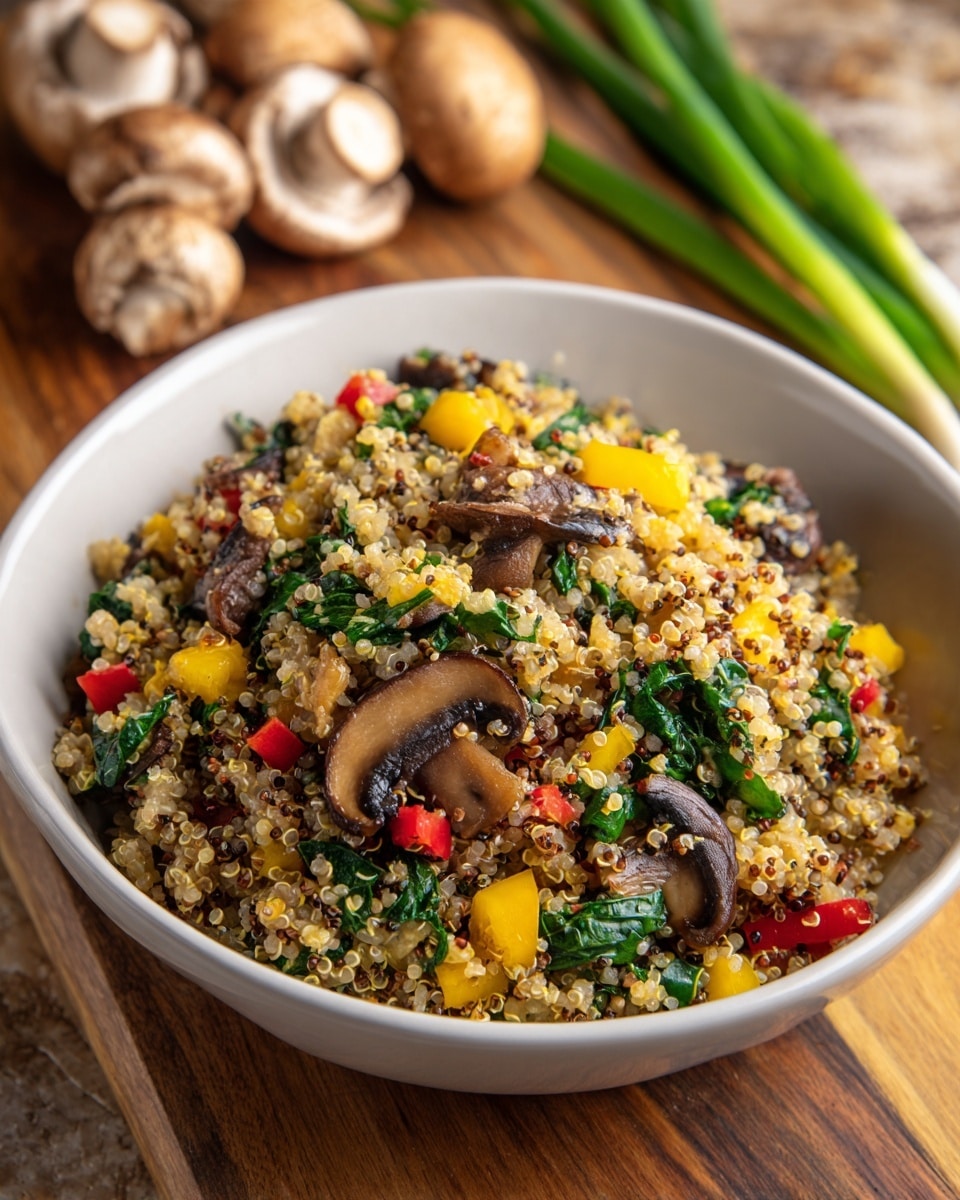 A white bowl filled with a colorful quinoa salad sitting on a white marbled surface, with some whole mushrooms and green onions blurred in the background. The salad inside the bowl has three main layers: a base layer of light beige quinoa with small spiral textures, mixed evenly with dark green spinach leaves that add a leafy texture throughout. Scattered on top are bright red diced bell peppers and small golden-yellow cubes, likely roasted potatoes, giving the dish pops of color. The mushrooms appear sliced and mixed in, showing a deep brown color with a slightly shiny texture. The bowl is full and the salad looks fresh and vibrant, with a natural mix of colors and shapes. photo taken with an iphone --ar 4:5 --v 7