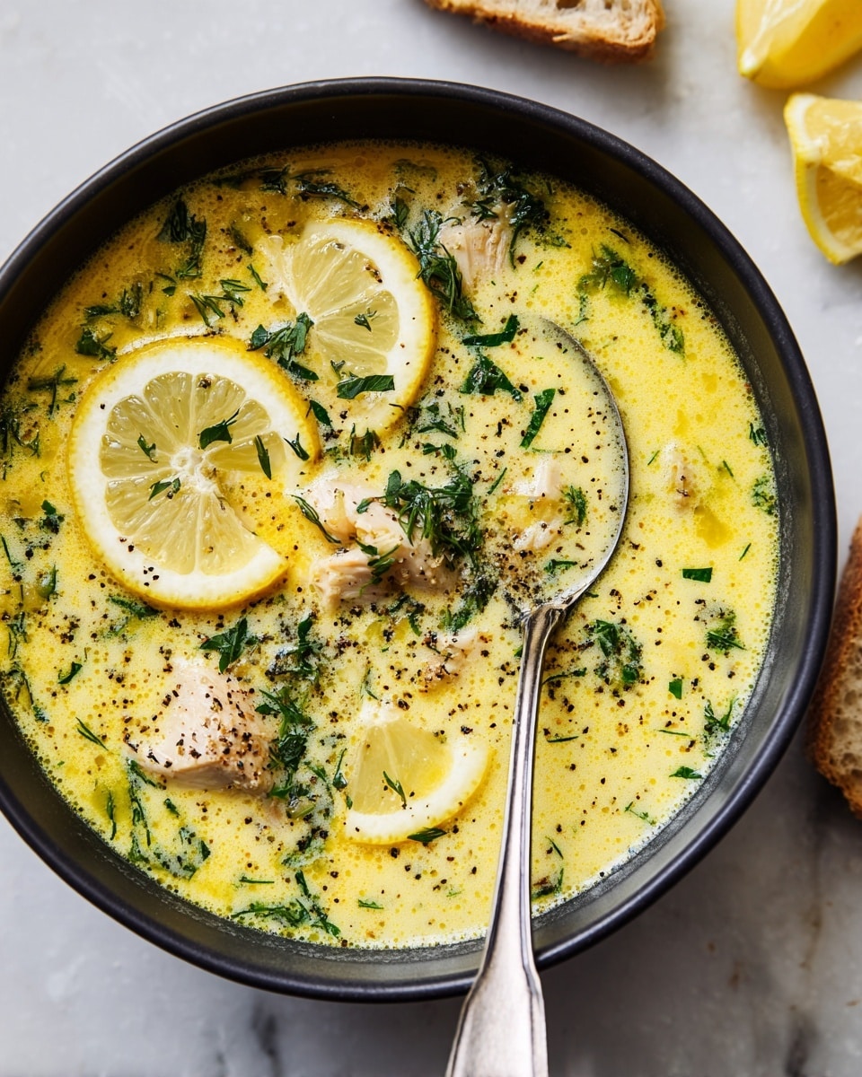 A close-up view of a bowl of creamy yellow soup with visible specks of black pepper and fresh green herbs floating on top. The soup contains several slices of lemon around the edges and pieces of white fish submerged slightly under the surface. A silver spoon rests inside the bowl, positioned on the right side, partially dipped in the soup. The bowl is white, placed on a red plate, with a few lemon wedges and a piece of bread visible at the edges. The background has a white marbled texture. photo taken with an iphone --ar 4:5 --v 7