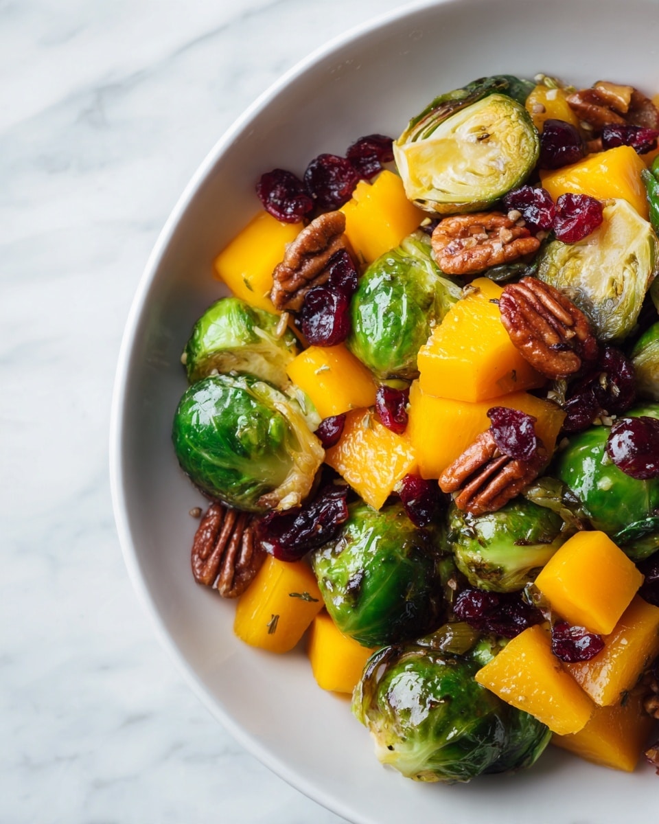 A white plate is filled with a mix of browned Brussels sprouts showing charred edges and green inner leaves, scattered with bright orange cubed pieces of roasted squash, shiny brown pecans, and deep red dried cranberries. The arrangement is colorful and layered, with the Brussels sprouts sitting mostly on top and the squash and nuts filling in the spaces, creating a textured, autumn-like appearance. The background is a white marbled surface. photo taken with an iphone --ar 4:5 --v 7