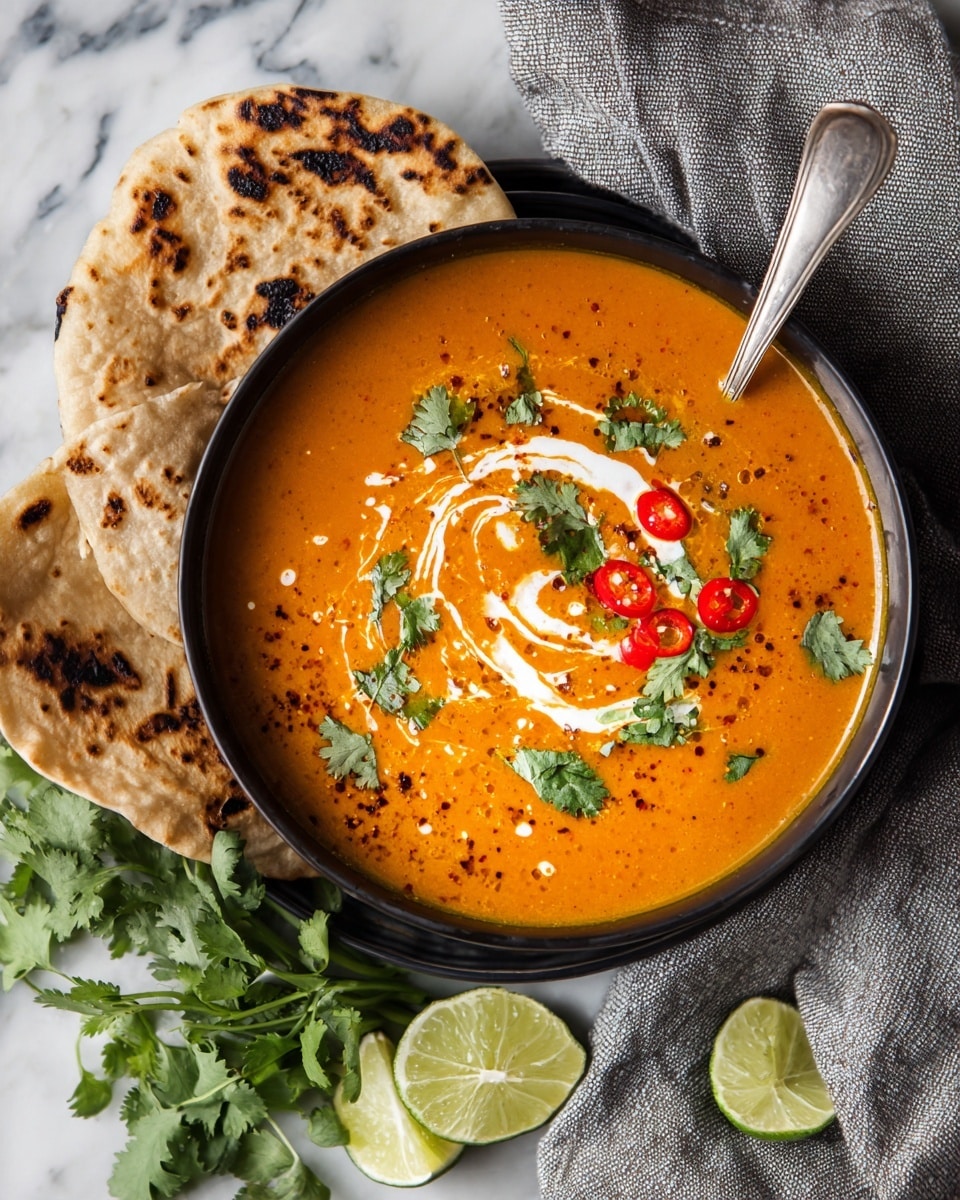 A black bowl sits on a gray cloth over a white marbled surface, filled with a thick orange soup that has a creamy texture and visible green spinach leaves mixed in. The soup is topped with a swirl of white cream, small pieces of red chili, and chopped green herbs scattered around. On the side, folded pieces of charred flatbread lean against the bowl's edge. In the background, a wedge of lime and more green herbs can be seen. A silver spoon is partially submerged in the soup, resting on the right side of the bowl. Photo taken with an iphone --ar 4:5 --v 7
