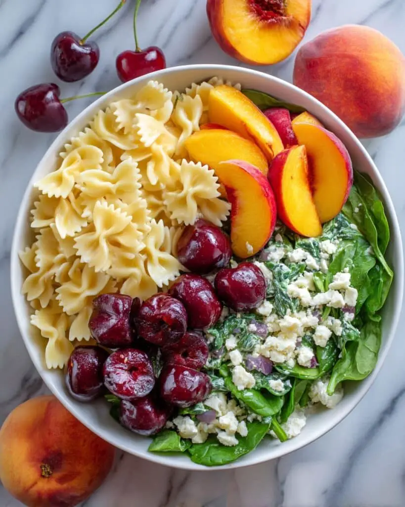 Stone Fruit Salad with Cherries, Peaches, Pasta, Feta, and Arugula Recipe