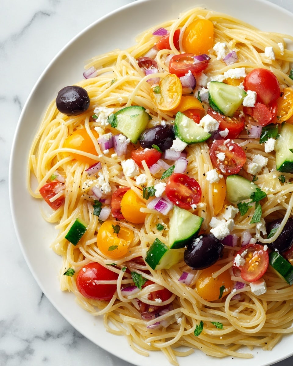 A white bowl filled with several layers of thick, cooked spaghetti forming the base layer, light yellow in color and mixed loosely. On top, there are halved red and orange cherry tomatoes scattered evenly, adding bright pops of color. Thin, half-moon slices of green cucumber are mixed throughout, along with chopped small pieces of purple onion. Black and green olive slices are spread over the pasta, some whole and some halved, adding a dark and light green contrast. Small crumbles of white cheese are scattered on top, with a light sprinkling of herbs and seasoning visible, all placed on a white marbled surface. Photo taken with an iphone --ar 4:5 --v 7