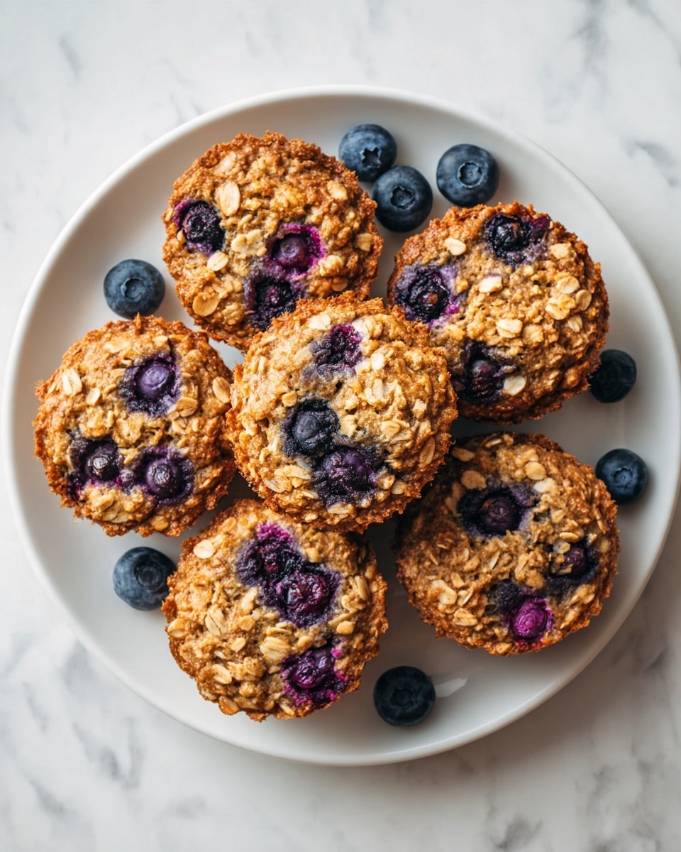 The image shows six small oatmeal muffins arranged in a circle on a white plate with a white marbled surface beneath. Each muffin is golden brown with visible oats and scattered blueberries baked inside, giving specks of dark purple and black throughout. A few fresh blueberries with a deep blue color are placed on top of some muffins and around the plate. The muffins have a rough, slightly crispy texture on the surface, with some edges browned more than others. Photo taken with an iphone --ar 4:5 --v 7