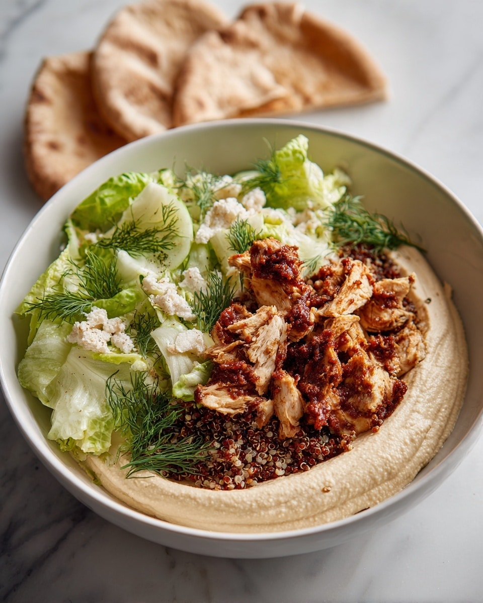 The dish is in a white bowl on a white marbled surface, showing several layers. The bottom layer is creamy beige hummus spread smoothly around the edge. Next, there is a layer of crunchy, golden-brown quinoa near the top center. Fresh, thinly sliced dark green lettuce covers a good part of the bowl. On top, there are browned, spiced chunks of chicken placed evenly. Small white cubes of cheese with bits of red sun-dried tomatoes on top are scattered around. The bowl is garnished with dill sprigs. On the left side, there are pieces of flatbread resting on the white marbled surface, and in the upper part, some white and pink flowers are visible. Photo taken with an iphone --ar 4:5 --v 7