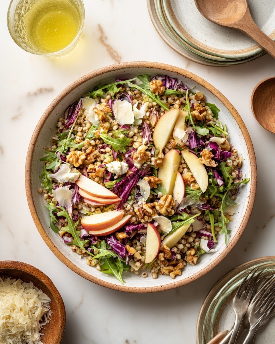 A white bowl filled with a vibrant salad showing multiple layers: the base is a mix of light beige grains, scattered with dark green arugula leaves and deep purple radicchio pieces; thin, curved slices of red apple with white flesh are spread evenly throughout; light brown walnut halves add texture on top, along with thin translucent shavings of pale cheese. The bowl sits on a white marbled surface with a small wooden dish holding extra cheese shavings nearby and a clear glass filled with a yellowish liquid. Colorful stacked white plates with green and purple salad on top appear partially in the frame alongside wooden utensils. photo taken with an iphone --ar 4:5 --v 7