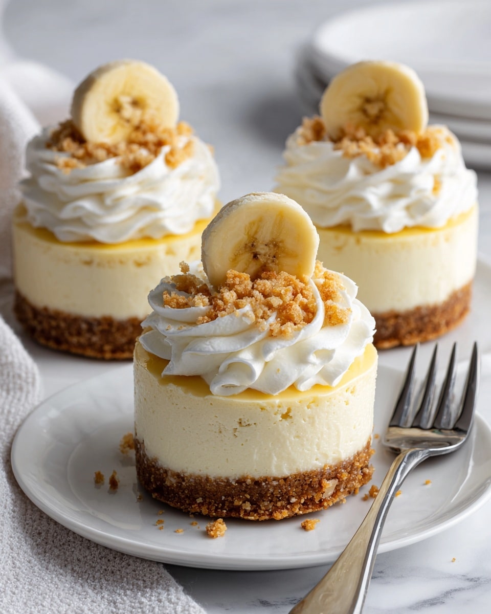 Three small round cheesecakes sit on a white plate on a white marbled surface. Each cheesecake has two layers: a thick crumbly brown crust at the bottom and a smooth pale yellow cheesecake layer above. On top, there is a swirl of white cream with small crumbs sprinkled around, and a round banana slice is placed vertically in the center. A silver fork lays next to the plate. photo taken with an iphone --ar 4:5 --v 7