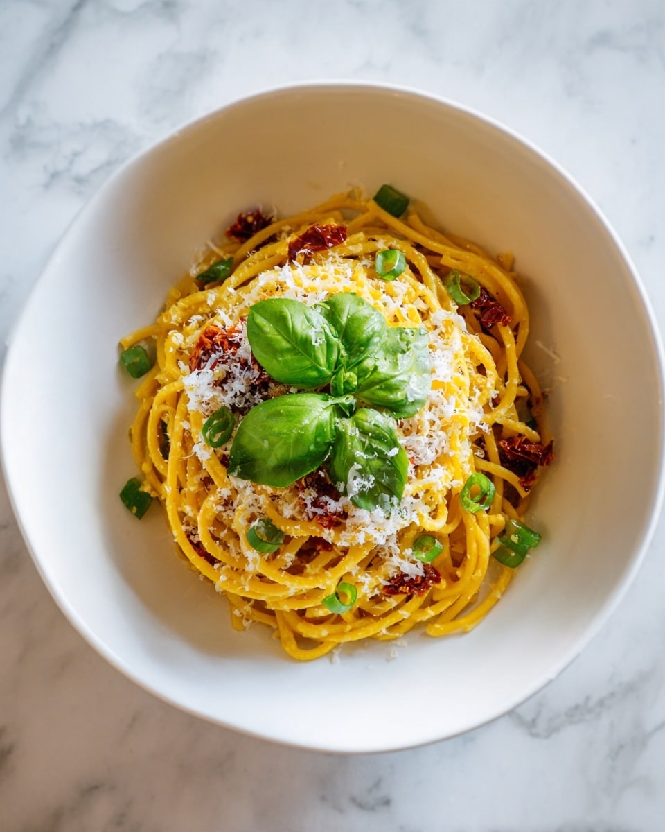A round white bowl holds a neat mound of yellow-orange spaghetti pasta coated with sauce, mixed with small pieces of deep red sun-dried tomatoes scattered throughout. A light layer of finely grated white cheese is spread over the top and around the pasta. Fresh basil leaves in bright green are placed in the center as a garnish, with thin strips of basil sprinkled around the sides of the pasta mound. The bowl sits on a white marbled surface. Photo taken with an iphone --ar 4:5 --v 7