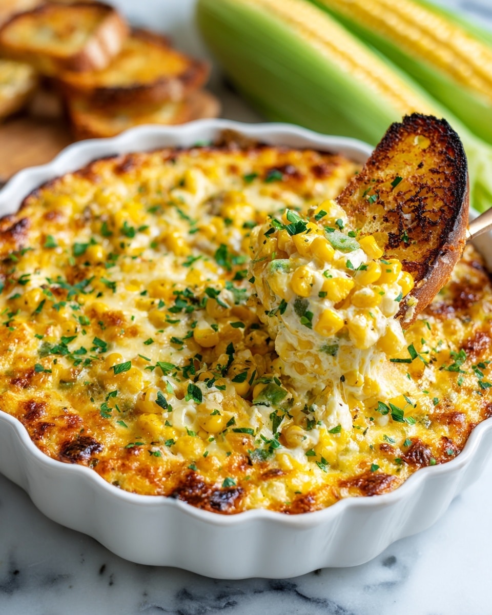 A white ceramic deep dish filled with a creamy corn casserole topped with melted golden-yellow cheese that has browned spots and is sprinkled with finely chopped green herbs. The casserole surface is slightly bubbly, showing a soft mix of bright yellow corn kernels and melted cheese. A slice of toasted bread holding a scoop of the creamy corn mixture with a green sliced jalapeño is resting on the edge of the dish. The background is a white marbled surface. photo taken with an iphone --ar 4:5 --v 7