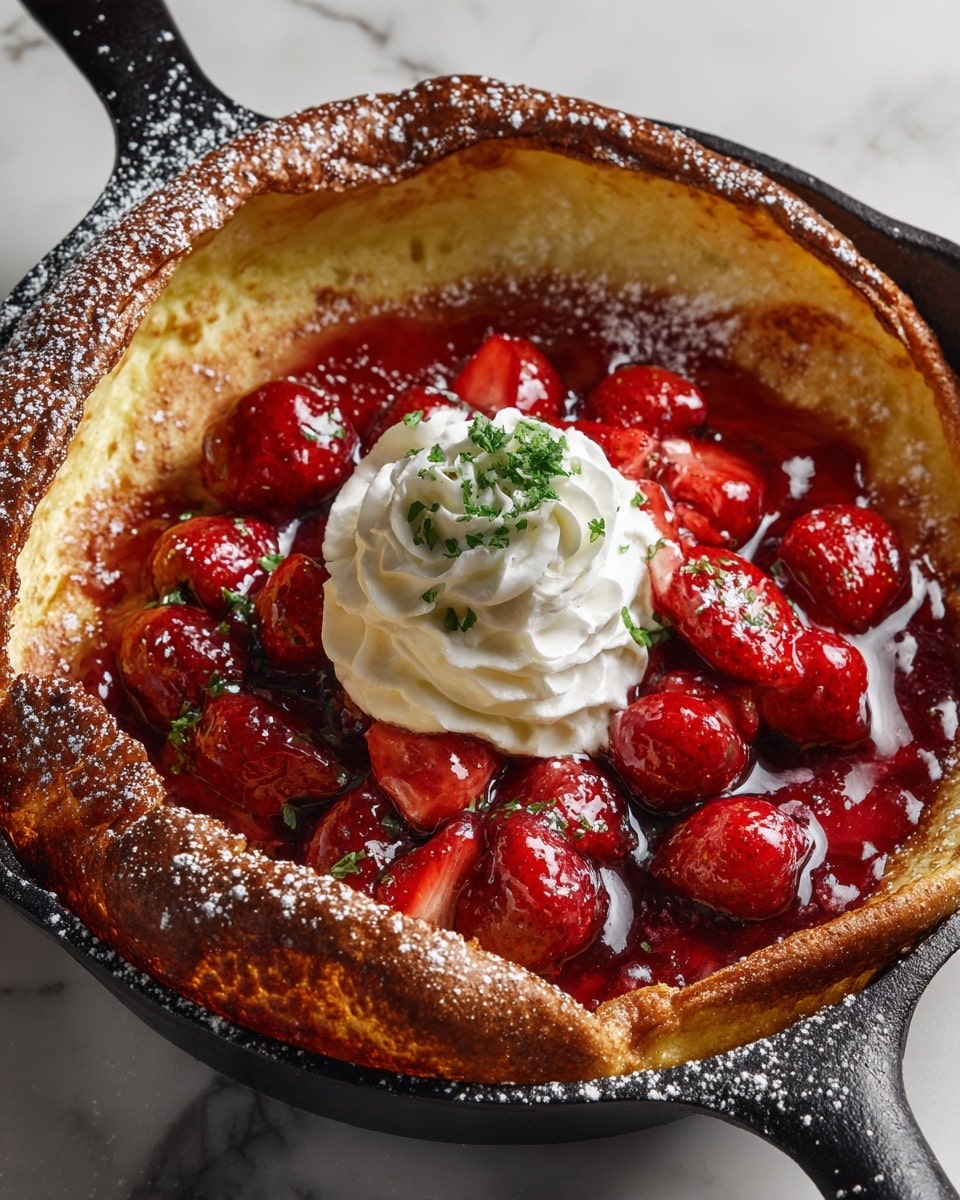 The dish shows a golden-brown baked pancake with a thick, puffy edge that curls upward around the plate. Inside the pancake is a layer of deep red berry sauce mixed with whole and sliced strawberries and dark cherries, creating a glossy, rich texture in the center. On top of the berries, there is a swirl of white whipped cream with a small green mint leaf placed neatly in the middle. Light dusting of powdered sugar covers parts of the pancake’s surface and some berries. The whole dish is served on a white plate resting on a white marbled surface. photo taken with an iphone --ar 4:5 --v 7