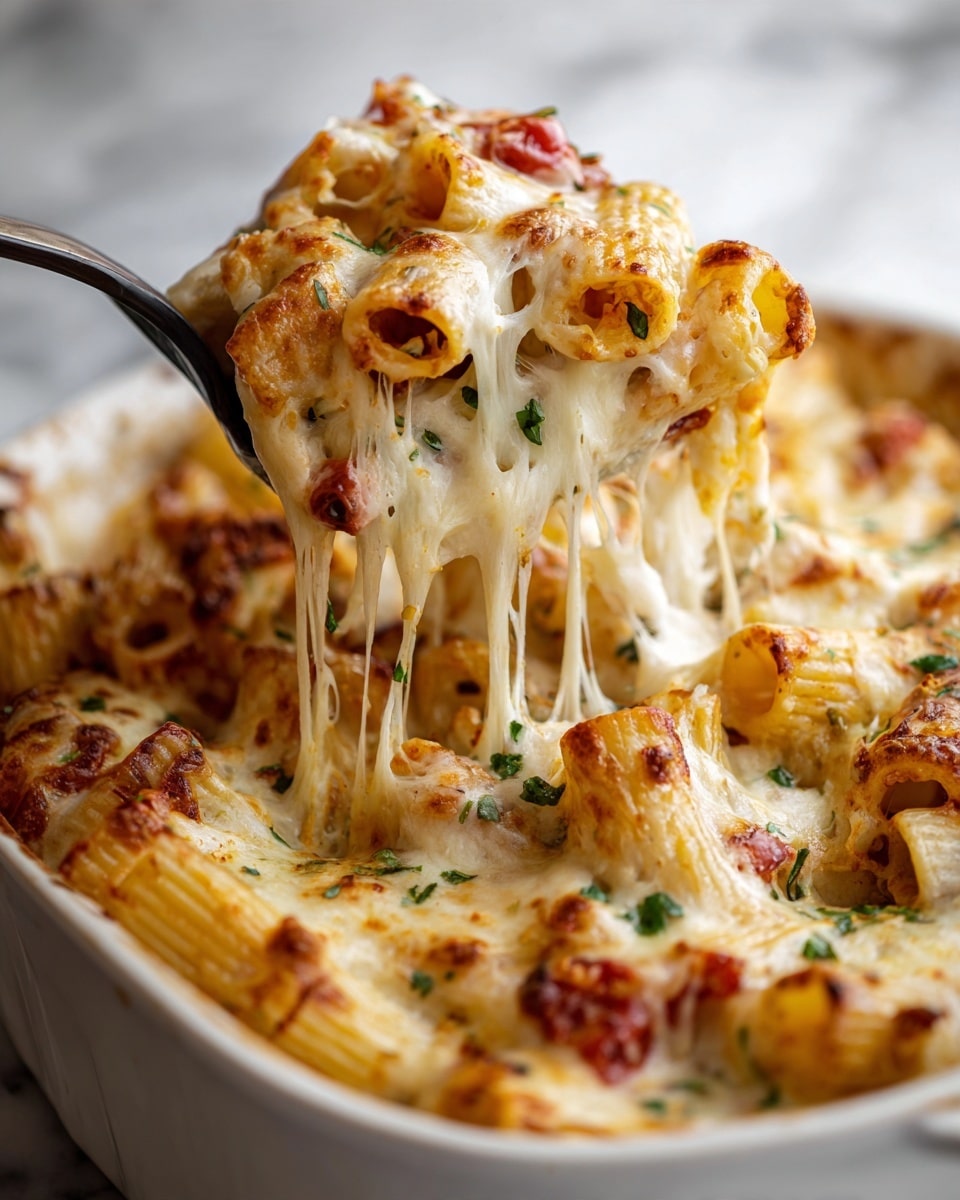 The image shows a close-up of a black spoon lifting a cheesy rigatoni pasta from a creamy baked dish. The rigatoni pasta is light golden with browned spots of melted cheese on top. The cheese is melted and stretches in thin strings from the spoon to the dish below. There are small pieces of green leaves and bits of red tomato mixed inside the creamy sauce. The pasta and sauce fill a black pan with more rigatoni and cheese visible in the background. photo taken with an iphone --ar 4:5 --v 7