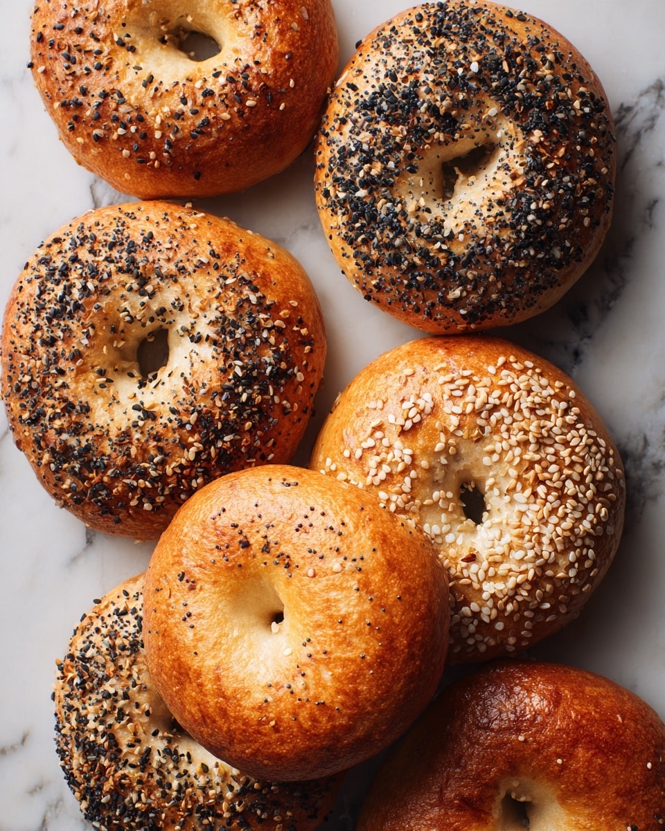 The image shows five round bagels on a baking sheet, each with a smooth, golden brown crust. Two bagels are topped with sesame seeds, one has a mix of black and white seeds, and two have no toppings, showing a plain surface. Each bagel has a well-defined hole in the center, and the texture appears soft yet firm, with a slightly shiny finish. The baking sheet and background have a warm, rustic look with scattered seeds around the bagels. photo taken with an iphone --ar 4:5 --v 7