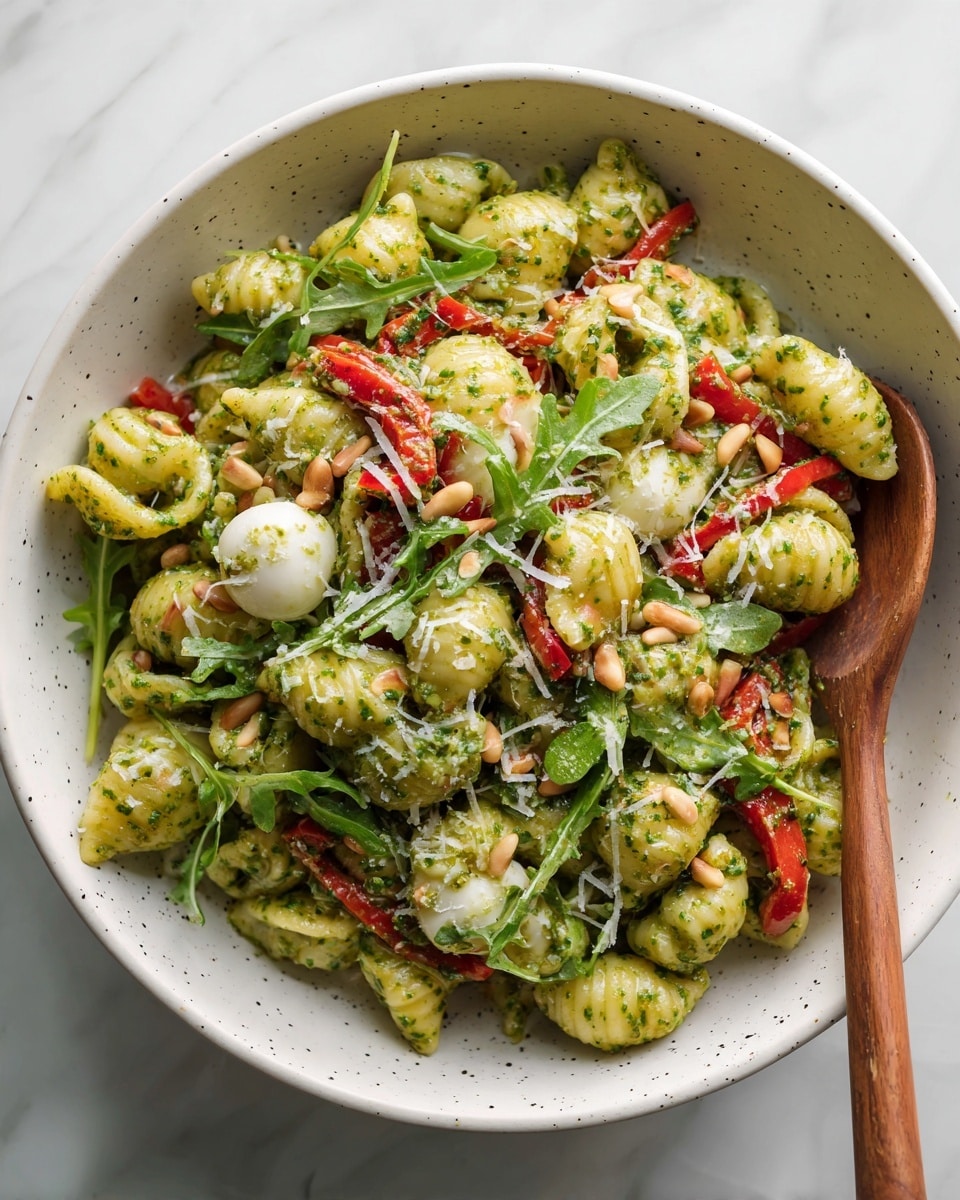 A white bowl with black speckles holds a colorful pasta salad with four layers. The bottom layer is pale yellow pasta with wavy edges, mixed with light green pesto sauce giving a slightly chunky texture. Scattered on top are bright red cherry tomatoes cut in halves, along with white mozzarella balls. Fresh dark green arugula leaves add a leafy texture on one side. Pine nuts, a light beige color, are sprinkled evenly over the dish. Finally, thin white shredded cheese is lightly scattered across the top. A wooden spoon rests inside the bowl on the right side. The bowl sits on a white marbled surface photo taken with an iphone --ar 4:5 --v 7