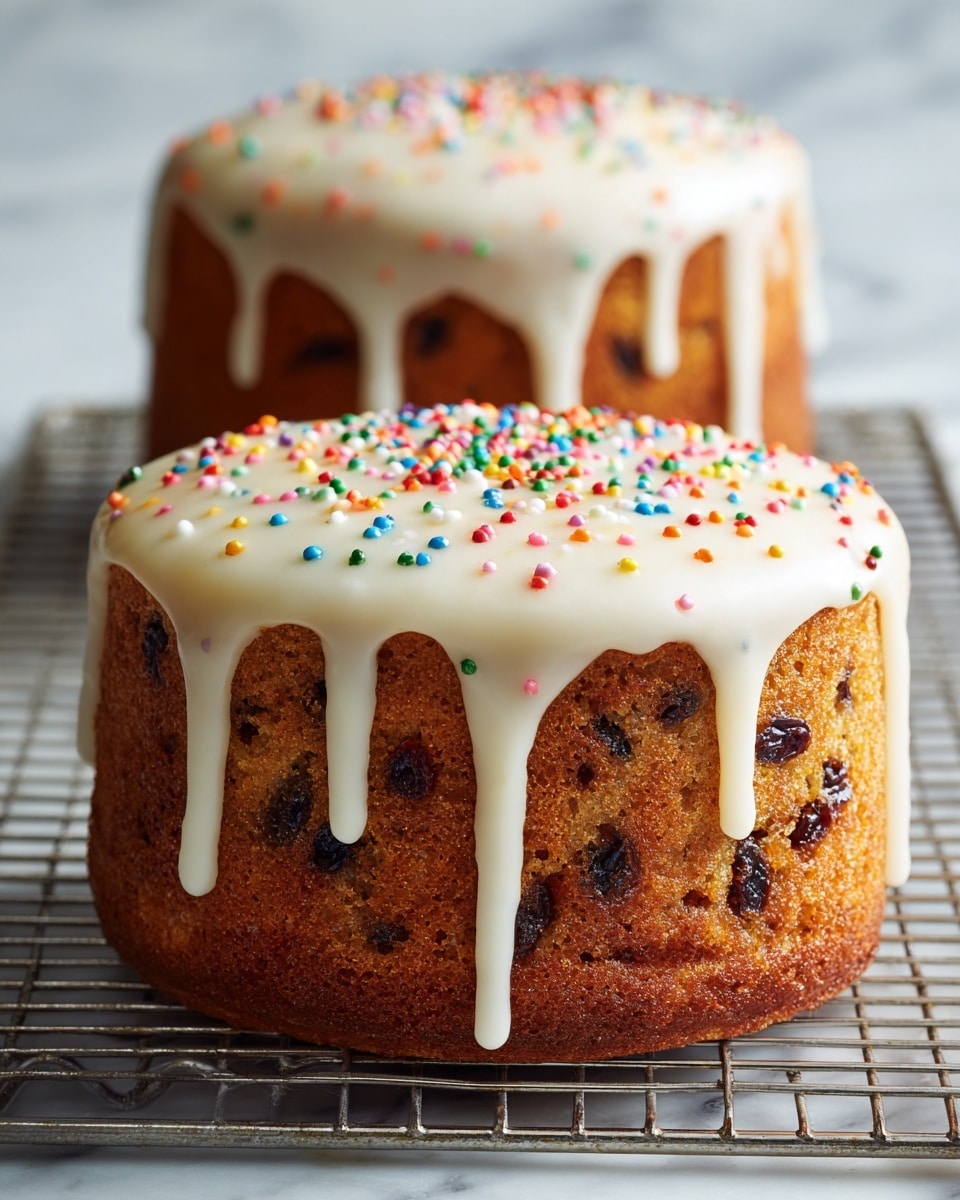 The image shows two tall round cakes with a golden brown base that has a soft, slightly textured surface and scattered dark spots. Each cake is topped with a thick, shiny white icing that smoothly drips down the sides in long strands. The icing is decorated with small multicolored round sprinkles spread evenly across the top. The cakes rest on a metal cooling rack over a white marbled surface. The scene is bright with natural light coming from the back, creating soft shadows. Photo taken with an iphone --ar 4:5 --v 7