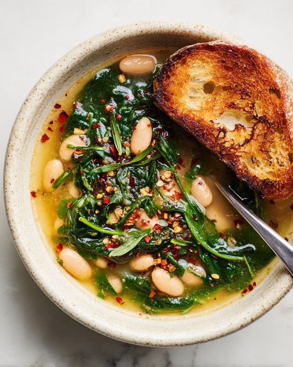 A close-up view of a bowl of soup shows three main layers: the bottom layer is a light golden broth with a slightly oily surface, the middle layer has white beans scattered throughout, and the top layer consists of dark green wilted spinach leaves with red chili flakes and small green herb pieces sprinkled on top. A toasted piece of bread with a golden brown crust sits partly in the soup on the right side, with a silver spoon resting next to it in the bowl. The bowl is white with a speckled pattern and sits on a wooden surface with a white marbled texture background. Photo taken with an iphone --ar 4:5 --v 7