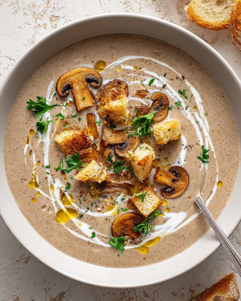 A deep white bowl filled with smooth, creamy brown mushroom soup forms the base layer. On top, there are several thin, sauteed mushroom slices with a rich brown color, scattered evenly. Small golden-brown croutons add a crunchy texture, placed among bright green parsley leaves that provide a fresh contrast. A delicate swirl of white cream sits on the soup’s surface, with a small drizzle of olive oil giving a slightly shiny effect. A silver spoon is partially dipped into the soup on the left side. To the bottom right, a piece of bread with melted butter is partially visible. The bowl rests on a gray cloth, set on a white marbled surface. Photo taken with an iphone --ar 4:5 --v 7