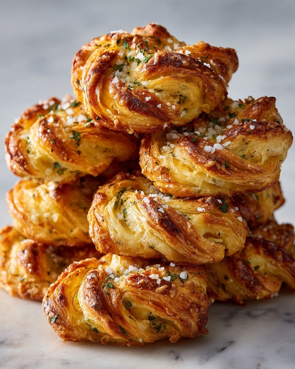 The image shows a small stack of twisted baked pastries with a golden-brown crust. The pastries have multiple layers of flaky dough with melted cheese and green herbs visible throughout the twists. The outer edges are crispy and browned, while the inside layers look soft and chewy. Salt crystals and small chopped green herbs are sprinkled on the surface, giving texture and color contrast. The pastries rest on a smooth white marbled texture. Photo taken with an iphone --ar 4:5 --v 7