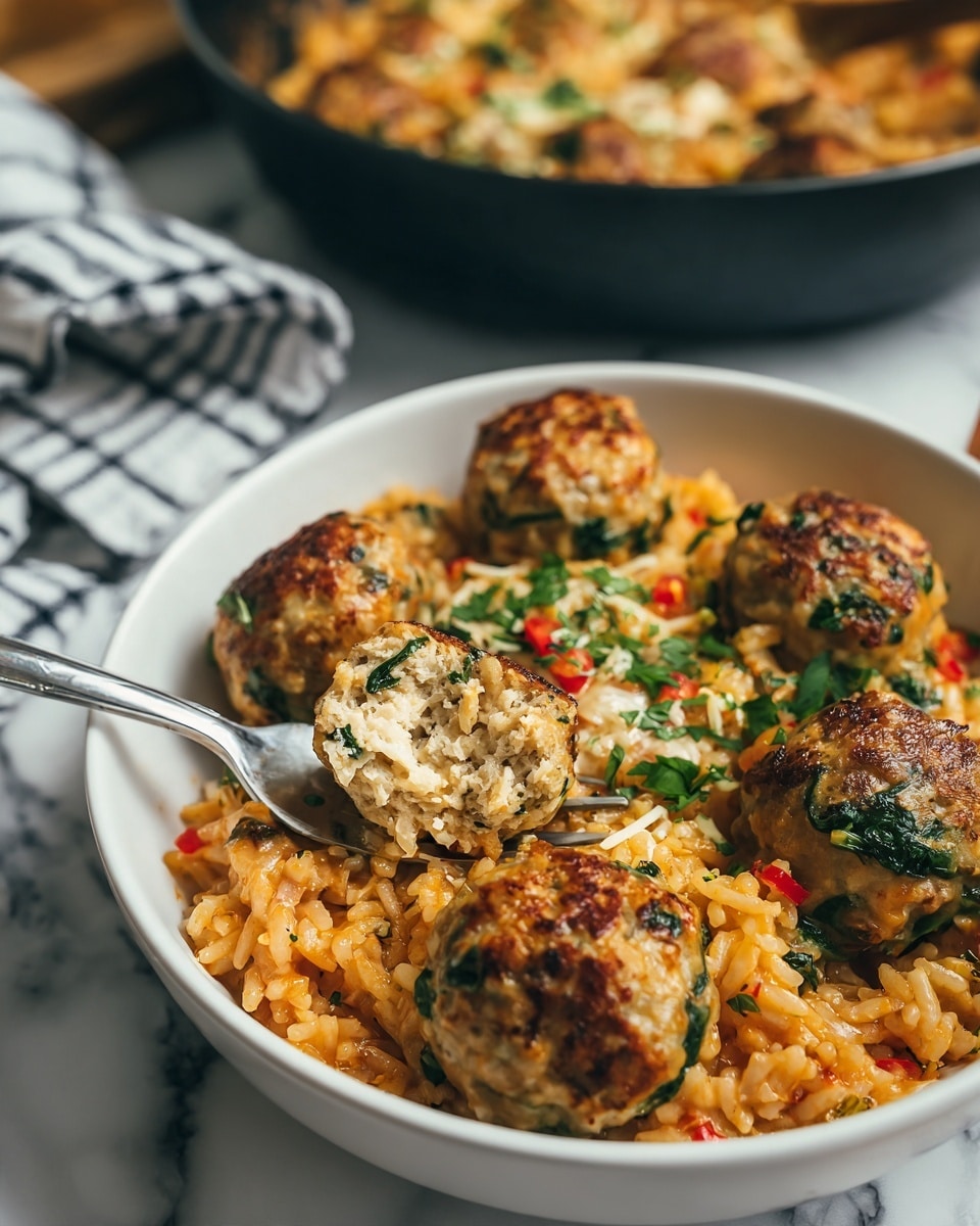 The image shows a white bowl filled with a creamy orange rice dish mixed with green spinach leaves and small round meatballs. The rice looks soft and creamy, coating the meatballs and spinach evenly. On top, there are small sprinkles of grated cheese and red chili flakes adding texture and color contrast. A metal fork is scooping up one meatball that is split open to show its cooked interior. In the background, there is a black pot filled with the same dish on a white marbled surface and a folded cloth with brown stripes is placed beside the bowl. Photo taken with an iphone --ar 4:5 --v 7