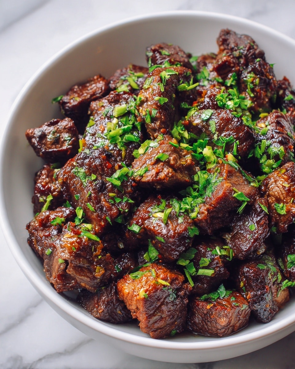 The image shows a white bowl filled with several pieces of cooked beef chunks. The beef is dark brown, shiny with a slightly sticky texture, and looks juicy. Small pieces of green herbs are sprinkled evenly on top and around the beef, giving a fresh look. There are small bits of light-colored garlic mixed in the beef. The bowl sits on a white marbled surface. Photo taken with an iphone --ar 4:5 --v 7