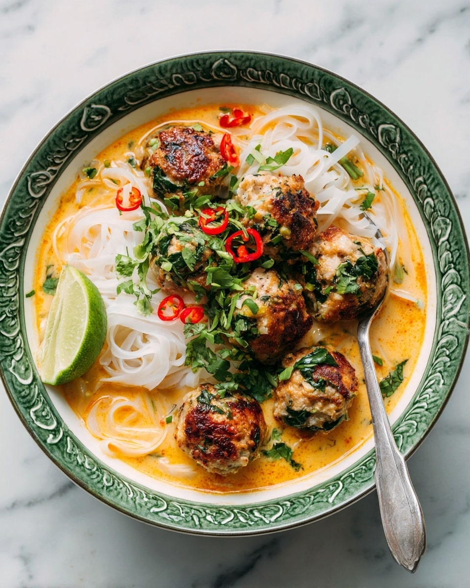 A white ceramic bowl with a green rim holds six browned meat patties, each showing a dark, crisp surface with green herb bits. These patties rest on thin white rice noodles that sit in a creamy, light orange broth with small green herb pieces mixed in. Bright red pepper slices are scattered around, adding a pop of color. A lime wedge leans on the noodles at the bowl’s edge, and fresh mint leaves are placed on top, creating a contrast with the warm colors below. The bowl is on a wooden surface, but the background is changed to white marble. A silver spoon is partially submerged on the right side of the bowl. Photo taken with an iphone --ar 4:5 --v 7