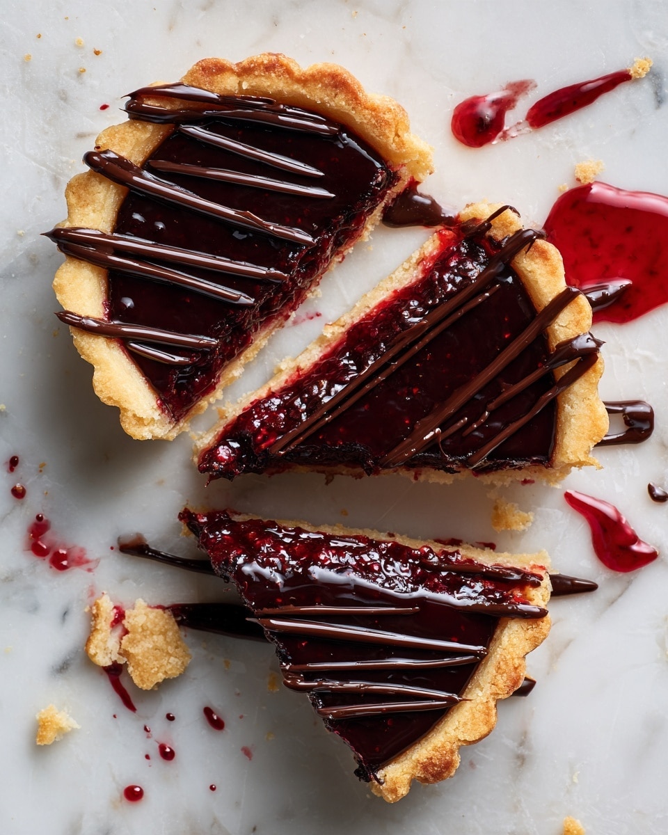 A small round pastry with golden brown, flaky edges folded slightly over a bright red raspberry filling in the center, drizzled with smooth dark chocolate sauce in thin lines across the top; a piece of the pastry is broken off showing the red filling inside, all placed on a white marbled surface with scattered red berry stains and bits of chocolate around photo taken with an iphone --ar 4:5 --v 7