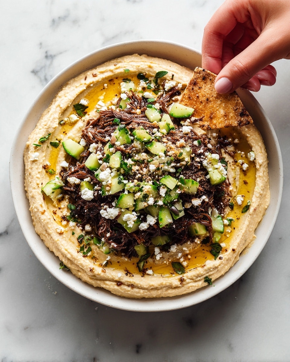 A bowl of hummus with a smooth, creamy, pale beige base, topped with a generous layer of shredded dark brown meat mixed with small green cucumber pieces and sprinkled with white cheese crumbles and finely chopped green herbs. A woman's hand is holding a piece of pita bread, partially dipped into the hummus. The bowl is on a white marbled surface, and in the background, there are blurred plates with similar servings and a lemon wedge visible at the bottom left. photo taken with an iphone --ar 4:5 --v 7