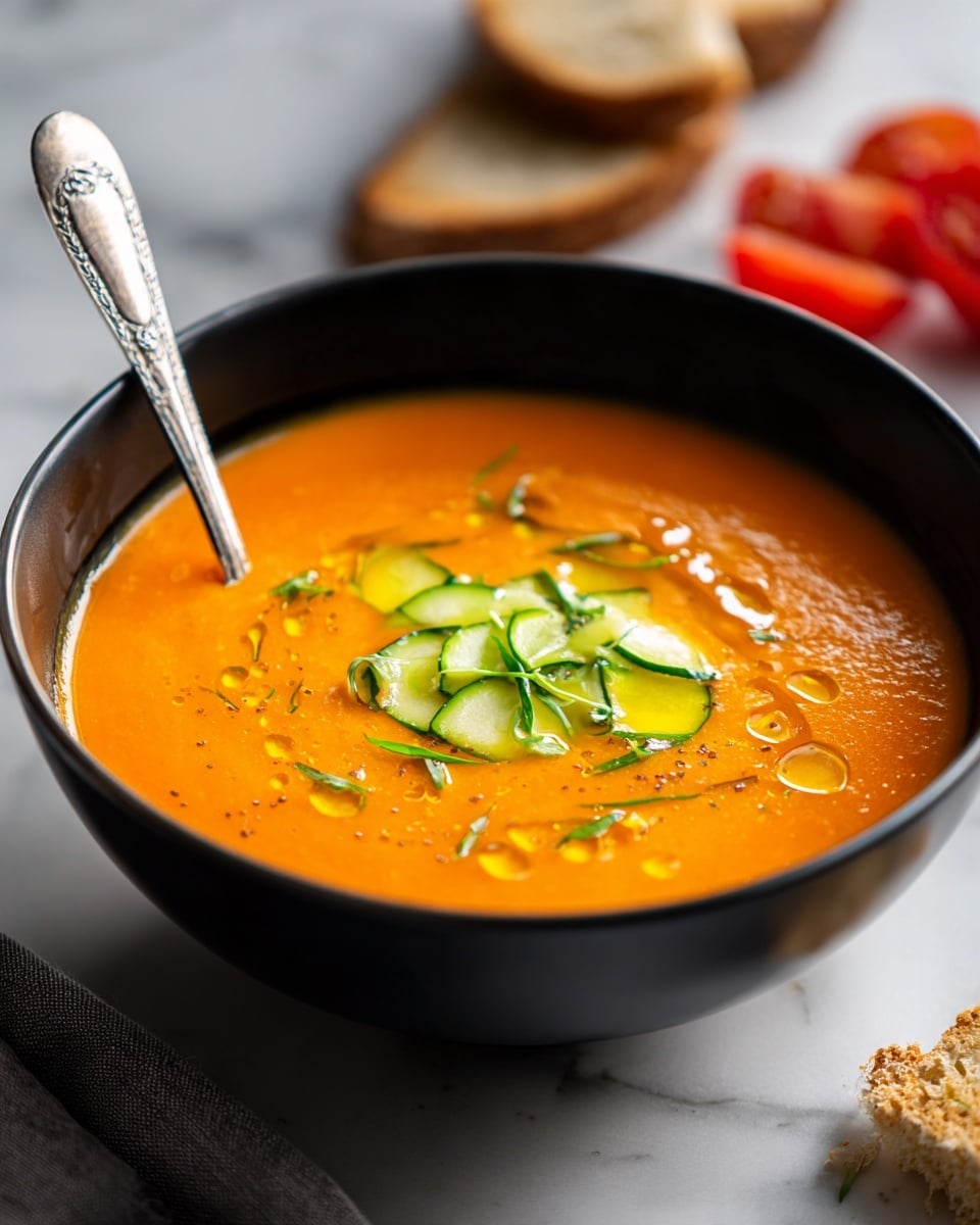 A black bowl filled with thick orange soup that has a smooth texture and is topped with small pieces of green cucumber and a drizzle of light cream and oil in swirled patterns. A silver spoon with decorative handles is placed inside the bowl on the left side. In the background, there are cut red tomatoes on a wooden board, and a torn piece of bread sits in the bottom left corner on a white cloth over a white marbled surface. photo taken with an iphone --ar 4:5 --v 7