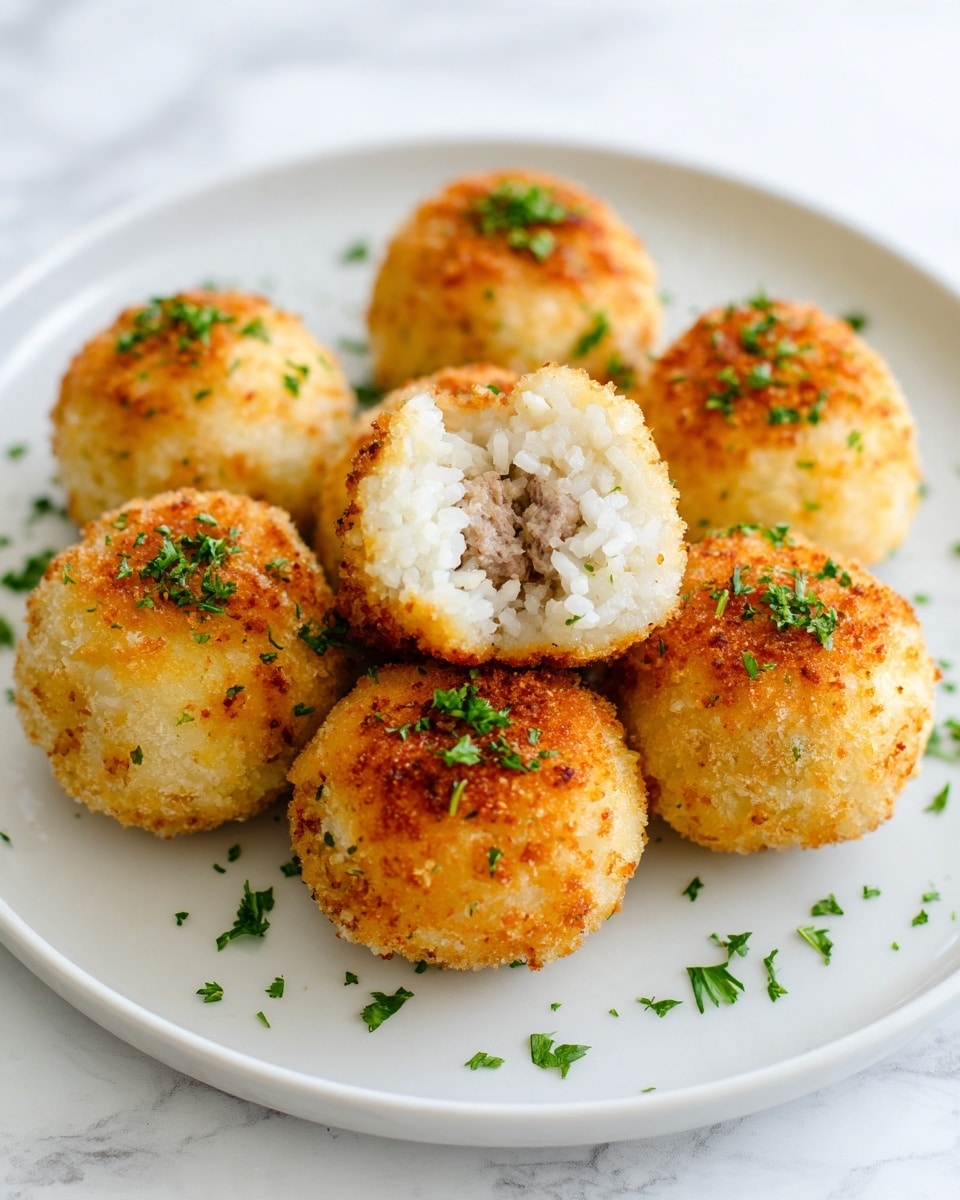 Seven round golden brown fried rice balls are arranged on a white plate, each with a textured, crispy outer layer. One ball is opened to show the inside layers: soft white rice surrounding a center layer of brown cooked ground meat. The rice balls are sprinkled with small bits of green herbs on top and around them. The background is a white marbled surface. photo taken with an iphone --ar 4:5 --v 7