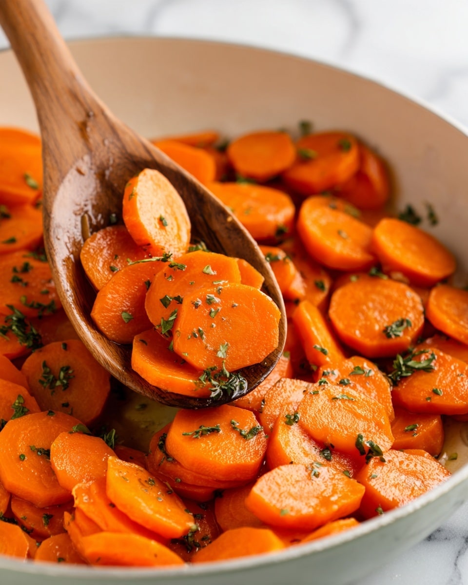 A close-up of many bright orange carrot slices cooked and coated with a shiny glaze, sprinkled with small bits of green herbs. The carrot slices vary in size, some thin and some thick, arranged loosely in a pan. A wooden spoon with a smooth texture holds a small stack of carrot slices on the right side, blending with the rest. The background has a soft white marbled texture. photo taken with an iphone --ar 4:5 --v 7