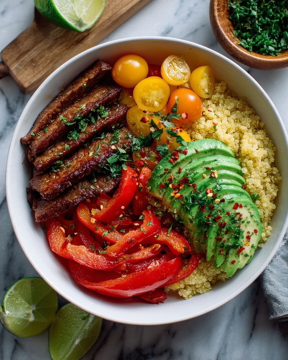 A white bowl filled with four main layers: the bottom layer is fluffy quinoa with a light yellow color and grainy texture, topped on one side with cooked red bell pepper strips and halved yellow and red cherry tomatoes, showing bright red and yellow colors with a shiny surface; next to the vegetables are pieces of brown cooked beef with a slightly rough texture; on the other side, there are thin slices of green avocado with a smooth, creamy texture; a wedge of lime with a pale green color is placed on the edge of the bowl; everything is sprinkled with chopped green cilantro and small red chili flakes; the bowl is set on a white marbled surface with two lime wedges in the background and a small wooden bowl with more chopped cilantro photo taken with an iphone --ar 4:5 --v 7