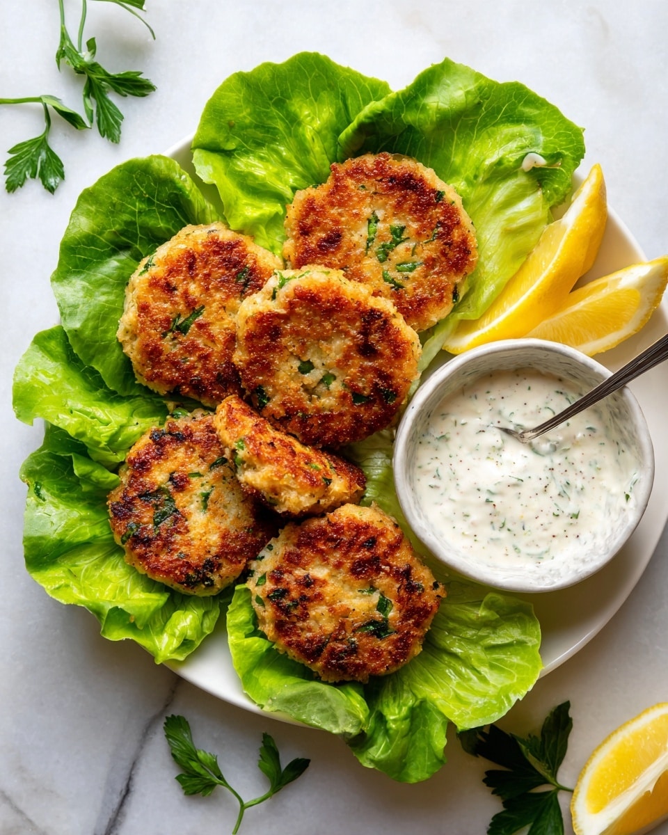 A black round plate holds five golden-brown patties with a slightly crispy texture, arranged close together on a bed of bright green lettuce leaves. To the right of the patties, there are three lemon wedges stacked next to a small black bowl filled with creamy white sauce that has green herb flecks, and a spoon inside it. Small sprigs of fresh green herbs are scattered over the patties and plate, adding a fresh look. The plate sits on a dark surface with whole and sliced lemons nearby. photo taken with an iphone --ar 4:5 --v 7