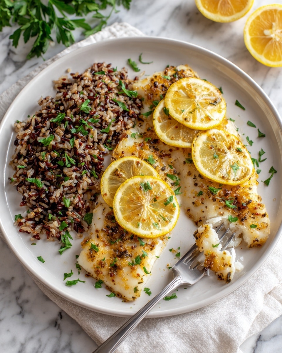 The image shows a white plate with two pieces of lightly browned white fish fillets topped with thin yellow lemon slices and small green parsley leaves. One fillet is placed at the bottom left on a bed of mixed brown and purple rice, while the other is on the right side of the plate with a silver fork resting beside it. The background is a white marbled surface with some whole lemon halves and green parsley blurred at the top. Photo taken with an iphone --ar 4:5 --v 7