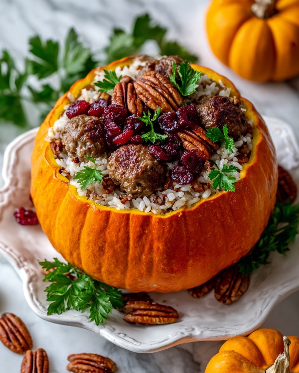 The image shows a round, orange pumpkin with its top removed and hollowed out to form a bowl. Inside the pumpkin, there is a filling made of mixed wild and white rice, small meatballs, pecan nuts, dried cranberries, and green parsley leaves scattered on top. The pumpkin is placed on a white plate that has a slightly scalloped edge, all set on a white marbled surface. Around the pumpkin, there are some loose pecans, parsley leaves, and a whole small pumpkin in the bottom right corner. The colors are warm and natural, with the bright orange pumpkin contrasting with the mixed colors of the stuffing. photo taken with an iphone --ar 4:5 --v 7