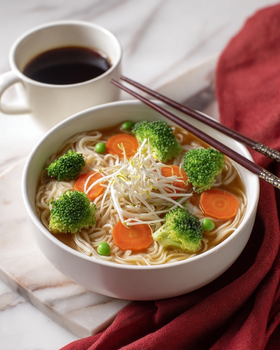 A white bowl filled with a soup that has a golden brown broth. At the bottom are flat white noodles spread evenly. On top of the noodles, there are bright green broccoli pieces and orange carrot slices placed in a circle. In the center, a small pile of white bean sprouts is visible along with some chopped green onions sprinkled around. Dark brown wooden chopsticks rest on the bowl's edge. The bowl sits on a white marbled surface next to a cup of dark coffee and a folded red cloth napkin. Photo taken with an iphone --ar 4:5 --v 7