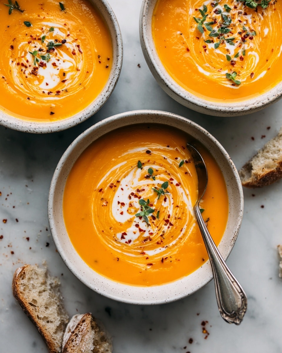 Three bowls filled with bright orange creamy soup, each topped with a swirl of white cream that blends softly into the soup. The cream is sprinkled with small green herb bits and a light dusting of ground spices in dark brown and black colors. One bowl has a silver spoon resting inside it, partially submerged. The bowls are white with a smooth texture and sit on a white marbled surface. Around the bowls are pieces of torn crusty bread with a golden brown outer crust and soft white inside. Photo taken with an iphone --ar 4:5 --v 7