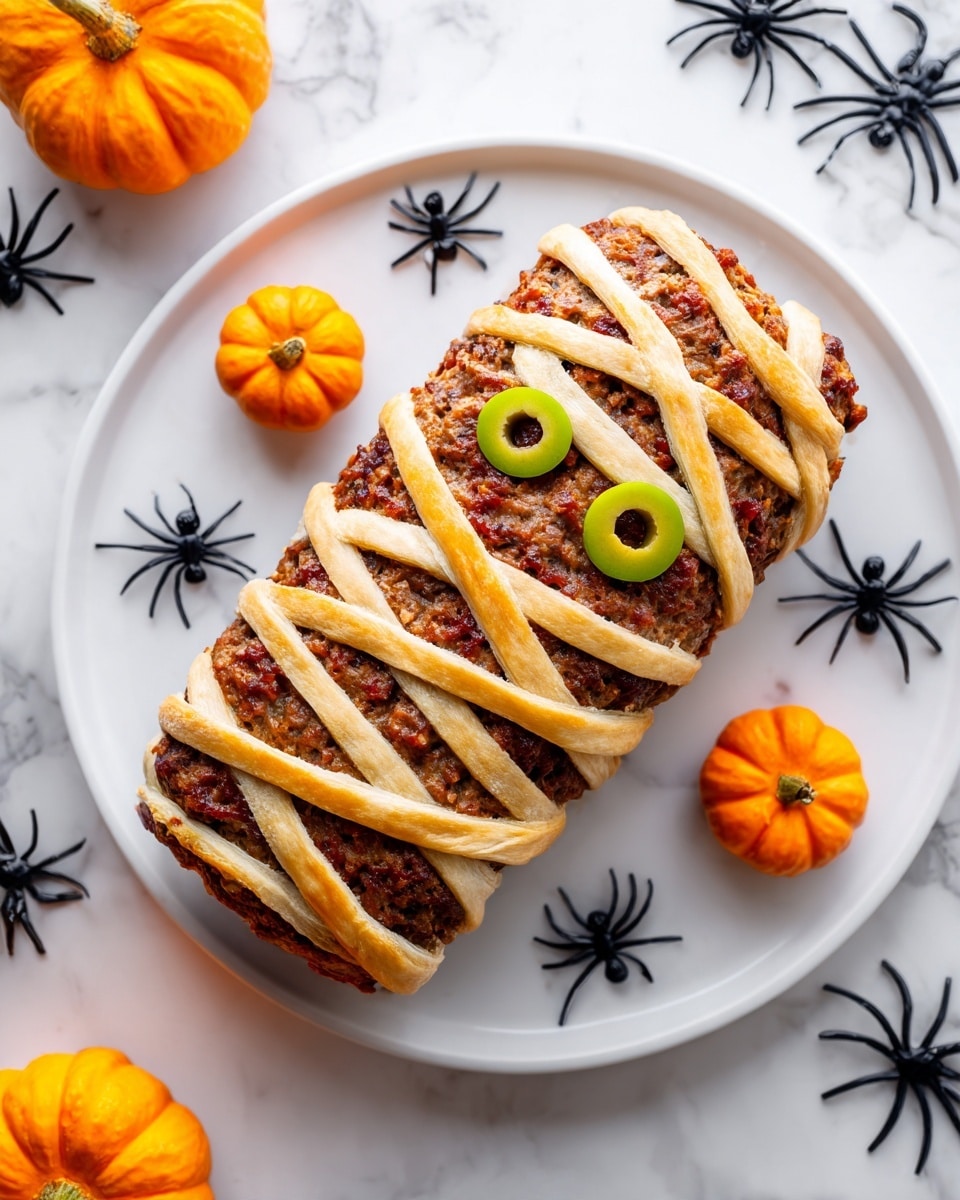 A meatloaf shaped like a mummy sits on a white plate with a white marbled background. The meatloaf is covered with crisscrossed golden brown pastry strips that look like the mummy's wrappings. Two green olive slices with black olive centers are placed near the top as eyes. The meat inside is a dark brown with a textured surface, peeking out between the pastry strips. Around the plate are small black spider decorations and orange mini pumpkins to give a Halloween feel. photo taken with an iphone --ar 4:5 --v 7