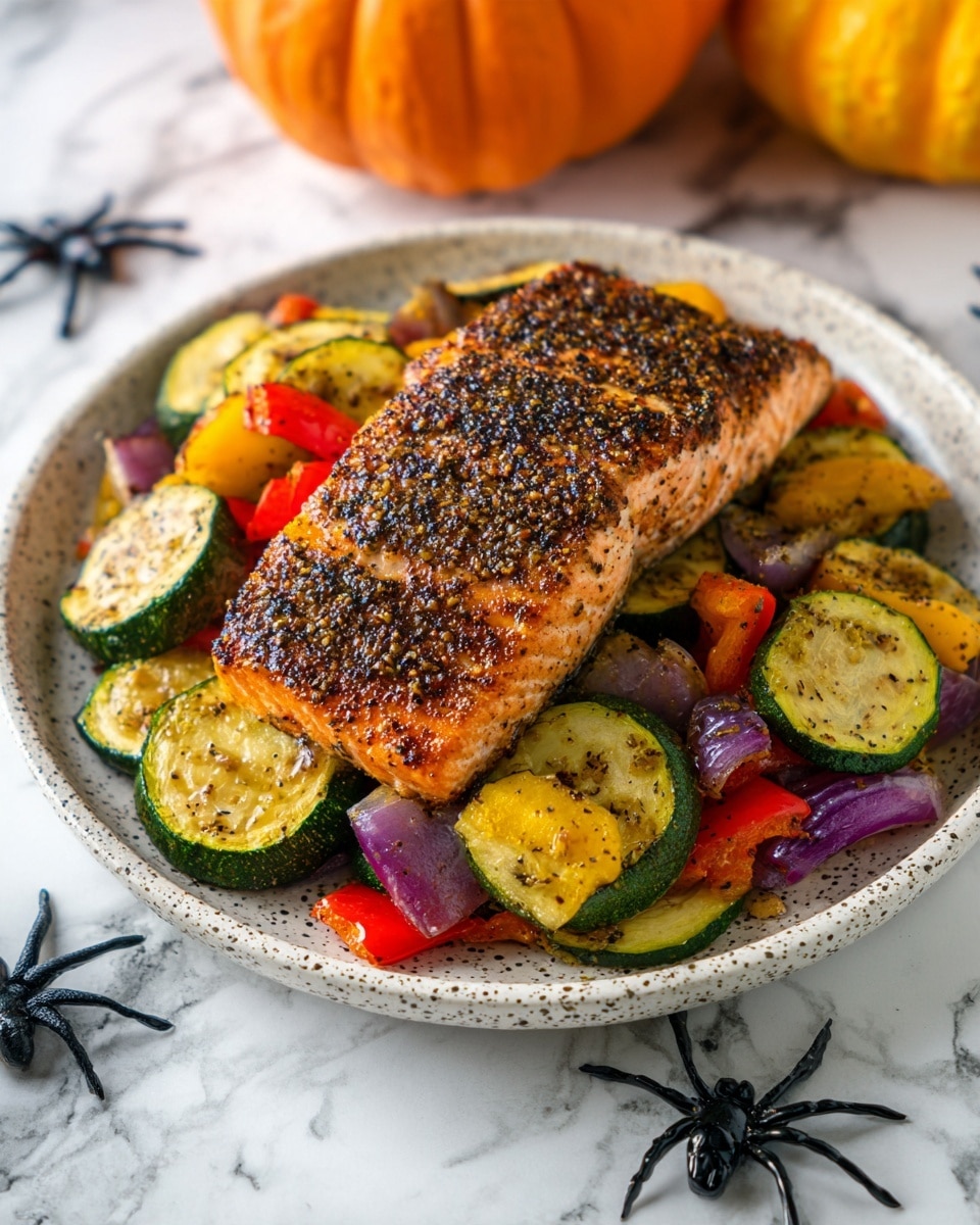 A round white plate holds a bed of grilled vegetables including charred zucchini slices with light green centers and darker green edges, red onion rings with a slight char, and strips of red and yellow bell peppers with blackened grill marks. On top, a thick, rectangular piece of salmon with a crispy, dark peppery crust covers most of the vegetables. The plate sits on a white marbled surface with a small orange pumpkin and black plastic spiders nearby, suggesting a fall or Halloween theme. photo taken with an iphone --ar 4:5 --v 7