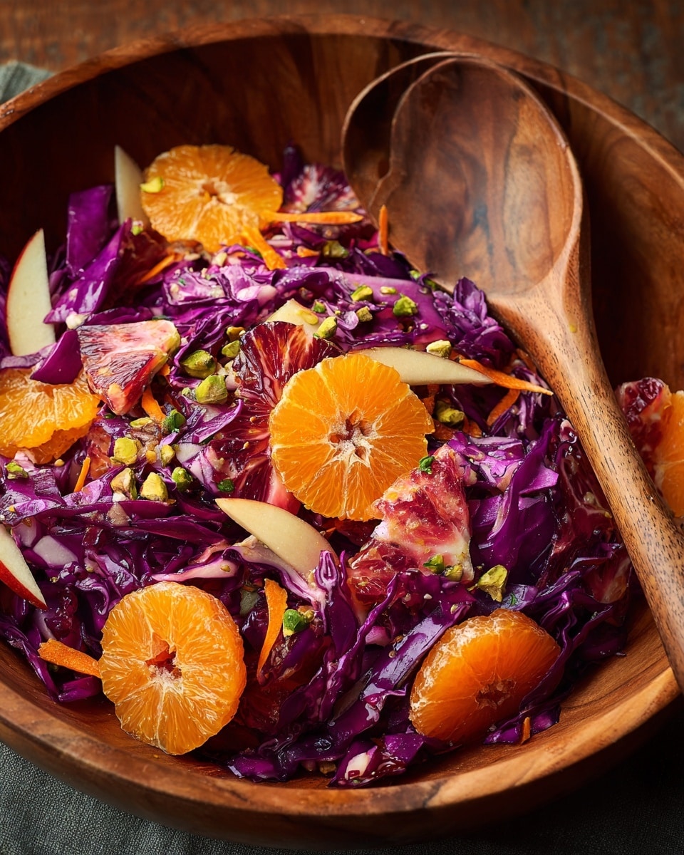 A round wooden bowl holds a colorful salad with several layers, starting with large, deep purple cabbage pieces spread all around. On top, bright orange and deep red blood orange slices are scattered, providing a soft, juicy texture. There are also thin pale yellow apple wedges placed in between the orange slices, adding contrast. Small bits of crushed green pistachios are sprinkled evenly, adding a crunchy texture and fresh green color. The salad is mixed with small pieces of carrot and herbs that bring small pops of orange and green. The overall look is fresh and vibrant on a white marbled texture background. photo taken with an iphone --ar 4:5 --v 7