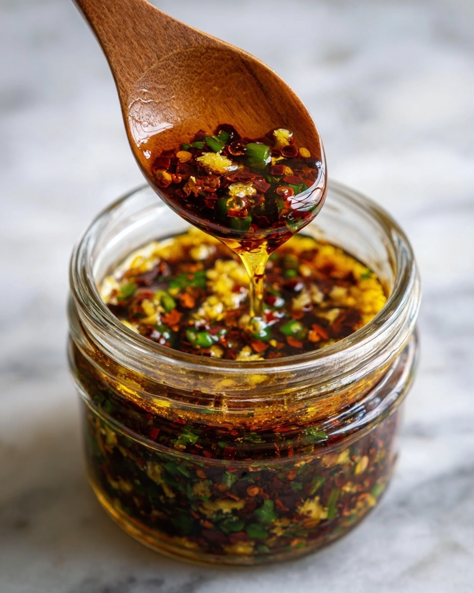 The image shows a clear glass jar filled with a colorful, oily sauce made of finely chopped green onions, red chili flakes, and small white seeds, with bits of crushed garlic visible on top. A wooden spoon above the jar scoops the sauce, with golden oil dripping back into the jar, catching light to create a shiny texture. The sauce layers combine deep green, bright red, and golden yellow colors, all mixed with glistening oil in a slightly liquid form. The background is a white marbled texture. photo taken with an iphone --ar 4:5 --v 7