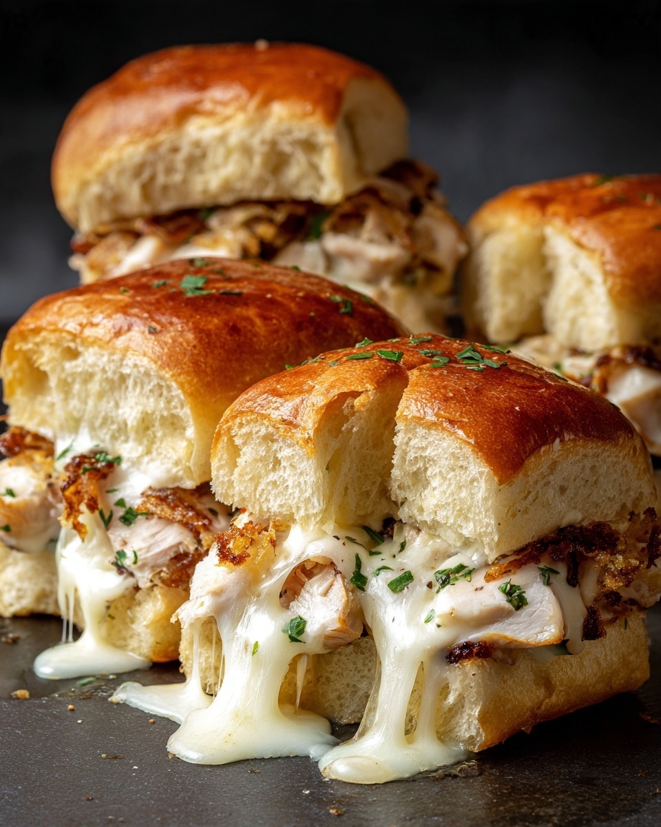 The image shows five dark brown sandwich buns with a shiny top sprinkled with crumbs, laid on a dark surface. Each bun is sliced open horizontally and filled with light grilled chicken pieces and melted pale yellow cheese that stretches and drips over the sides. The buns have a rough, crunchy-looking texture, while the cheese looks soft and creamy. Some crumbs are scattered around the sandwiches, adding a rustic feel. photo taken with an iphone --ar 4:5 --v 7