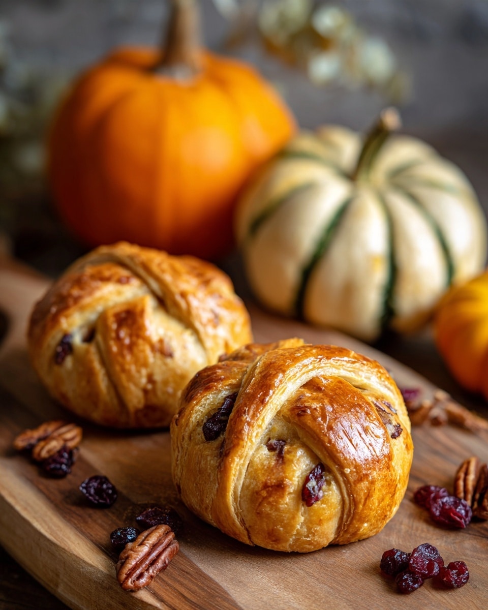 The image shows two golden brown pastries with a flaky texture placed on a wooden surface. One pastry is tall and shaped like a cone with visible layers of puff pastry folded around a light filling. The other is shorter and rounder with a similar layered pattern on top. Around the pastries are scattered pecans and dried cranberries, adding dark brown and deep red colors. In the background, there are two small pumpkins, one bright orange and the other light cream with dark green stripes, sitting on the wooden surface. The overall scene has warm tones and a cozy feel, photo taken with an iphone --ar 4:5 --v 7