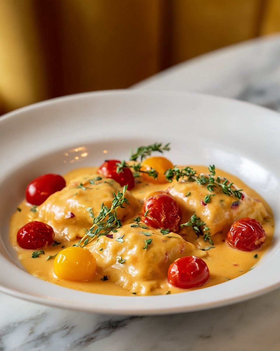 A white plate holds three large ravioli pieces covered in a smooth, orange creamy sauce. Bright red and yellow cherry tomatoes are scattered around and on top of the ravioli. Fresh green herb sprigs, likely thyme, are placed delicately over the top. The background shows a white marbled surface and there is a slight blur behind the dish. photo taken with an iphone --ar 4:5 --v 7