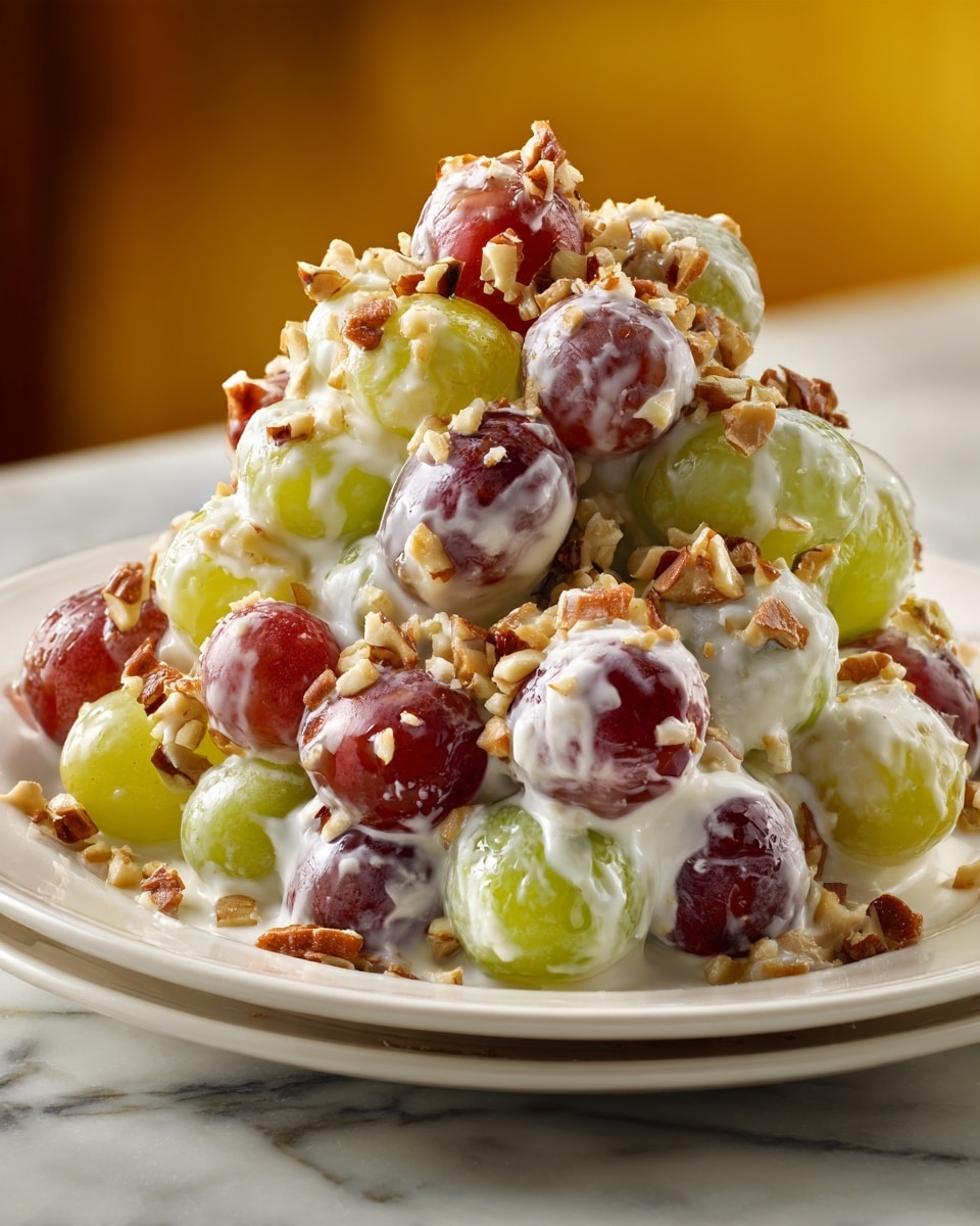 The image shows a small mound of grapes in two colors: green and red, covered in a creamy white dressing that looks thick and smooth. The grapes are mixed together, some whole and some slightly sliced, creating a mix of round shapes and glossy textures. On top of the grapes, there is a sprinkling of chopped nuts that add a crunchy texture with their light brown color and uneven shape. The grapes and nuts sit on a simple white plate, placed on a white marbled surface that has soft grey veins. photo taken with an iphone --ar 4:5 --v 7