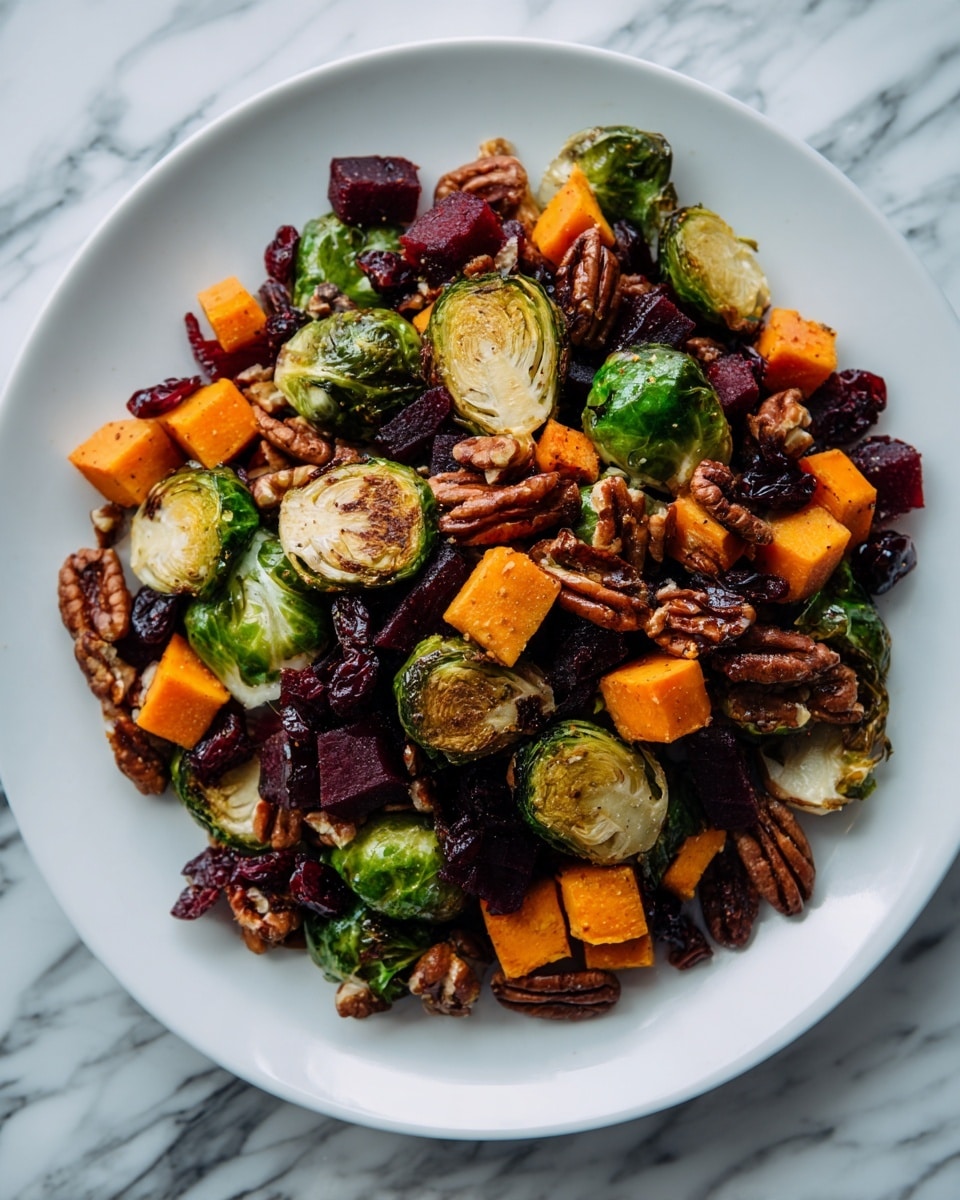 A close-up view of a white plate filled with a colorful mix of roasted vegetables and nuts on a white marbled surface. The dish has bright green halved Brussels sprouts with browned edges as the main layer, scattered all over the plate. Cubes of orange sweet potatoes and dark red beets are mixed evenly throughout, adding bright splashes of color. Whole pecans in warm brown shades are spread between the vegetables, giving the dish texture and variety. Dark red dried cranberries are sprinkled throughout, adding small pops of dark red shiny color. The mix looks glossy and roasted, showing a balance of textures from soft to crunchy. photo taken with an iphone --ar 4:5 --v 7