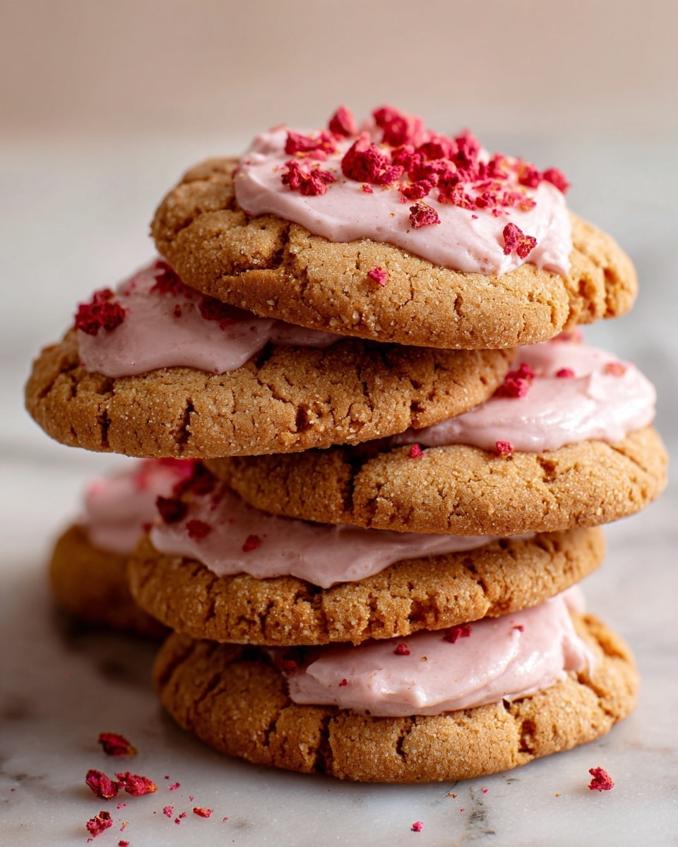 The image shows round cookies stacked closely together on a white marbled surface. Each cookie has a rough golden brown base layer with a slightly cracked texture. On top, there is a thick layer of smooth pale pink icing, which covers most of the cookie surface but lets some of the brown base show through cracks. Scattered on top of the pink icing are small bright red chunks, adding a pop of color and texture contrast across the cookies. Photo taken with an iphone --ar 4:5 --v 7