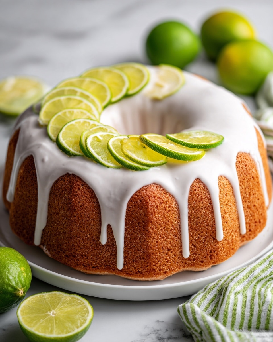 A round bundt cake with a golden brown color sits on a white marbled surface, topped with thick white icing that drips down its sides in smooth, rounded streams. On one side of the icing, there is a neat row of thin, bright green lime slices stacked slightly overlapping. Small bits of lime zest are sprinkled over the top and around the base of the cake. Around the cake, fresh whole limes and lime halves rest casually on the white marbled surface, with a soft, light striped cloth in pale green and white partially visible in the background. Photo taken with an iphone --ar 4:5 --v 7